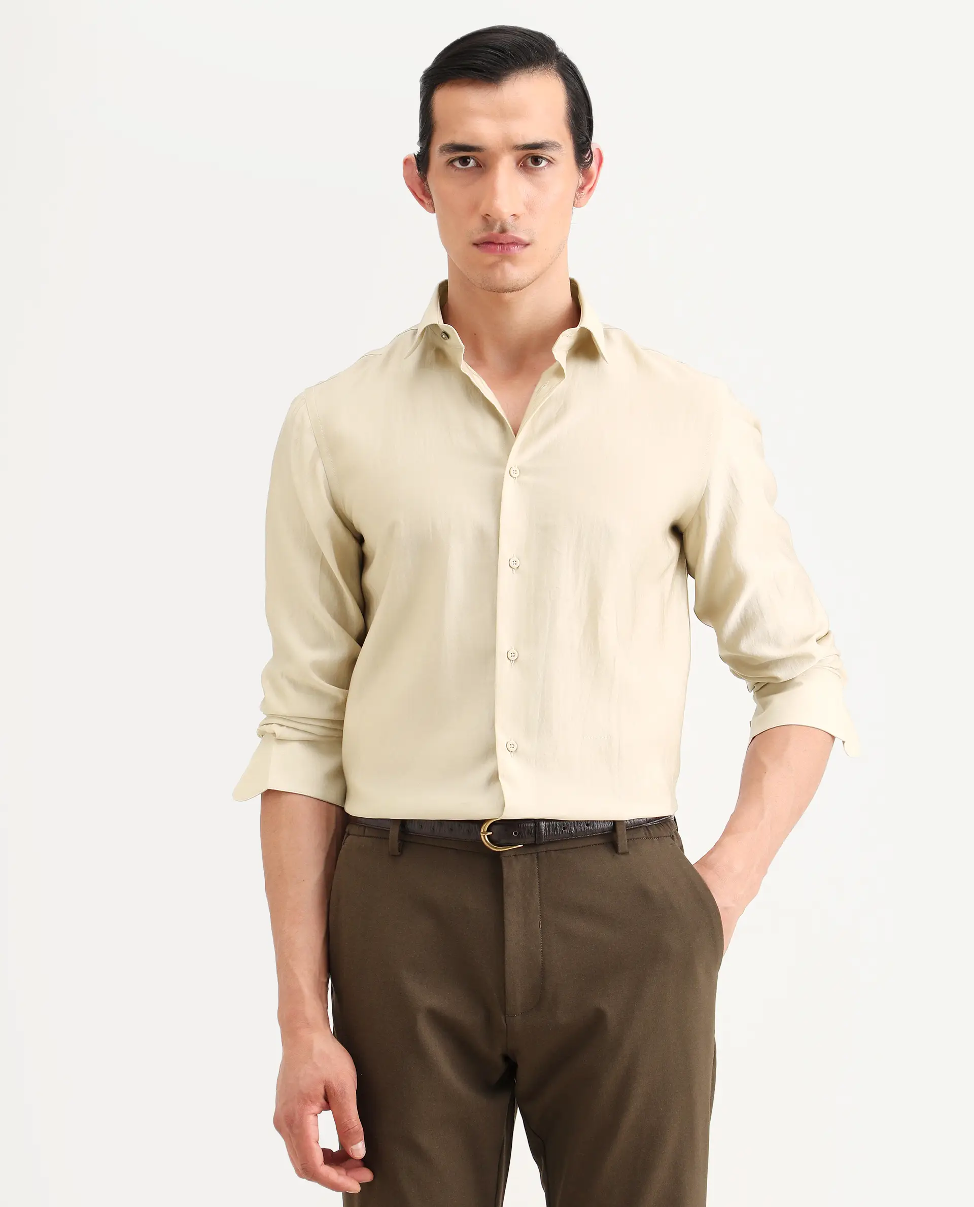 Rare Rabbit Men's Bind Light Beige Viscose Blend Fabric Full Sleeve Spread Collar Regular Fit Plain Shirt - Image 4