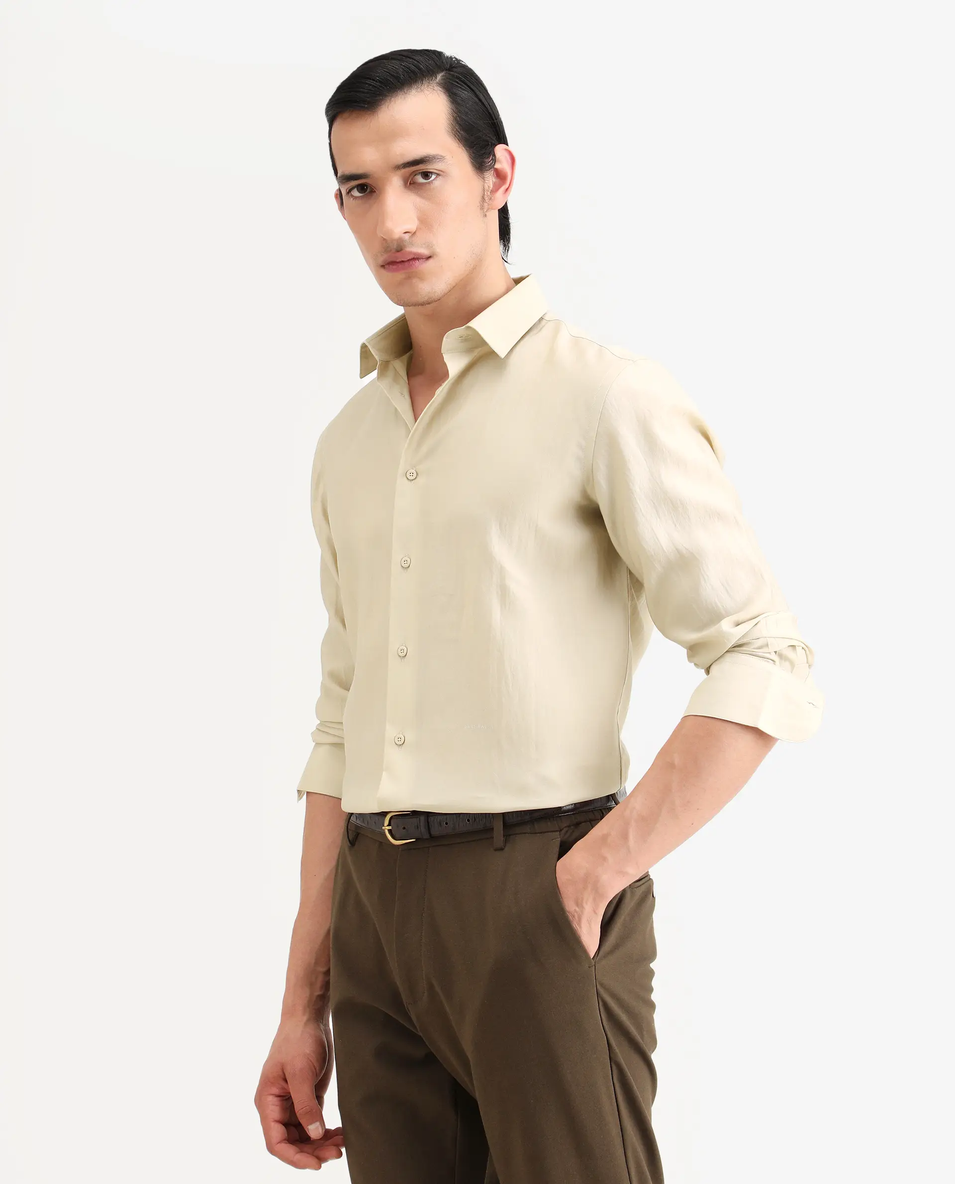 Rare Rabbit Men's Bind Light Beige Viscose Blend Fabric Full Sleeve Spread Collar Regular Fit Plain Shirt - Image 5