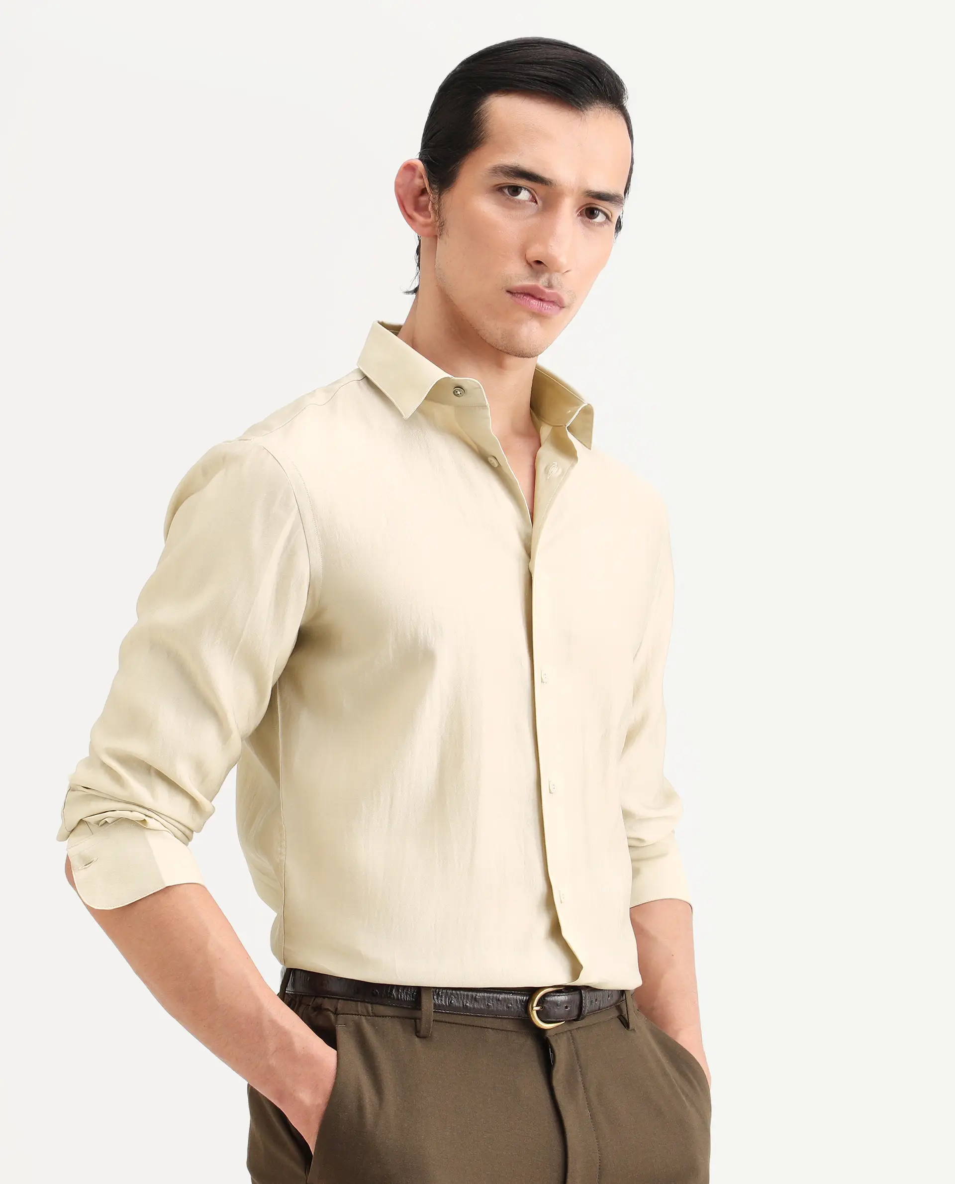 Rare Rabbit Men's Bind Light Beige Viscose Blend Fabric Full Sleeve Spread Collar Regular Fit Plain Shirt - Image 6