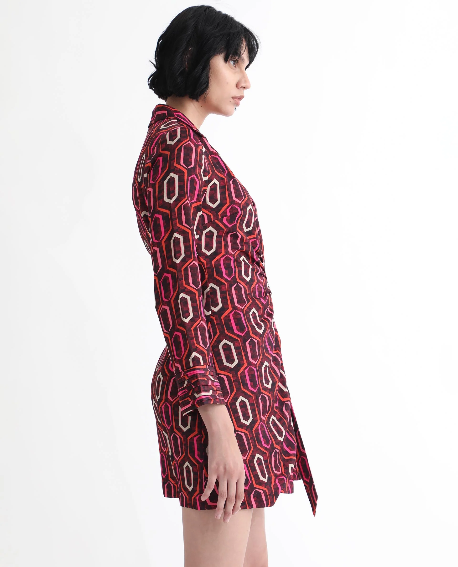 Rareism Women's Binden Dark Brown Polyester Lapel Neck Geometric Print Cuffed Sleeve Mini Relaxed Fit Dress - Image 10