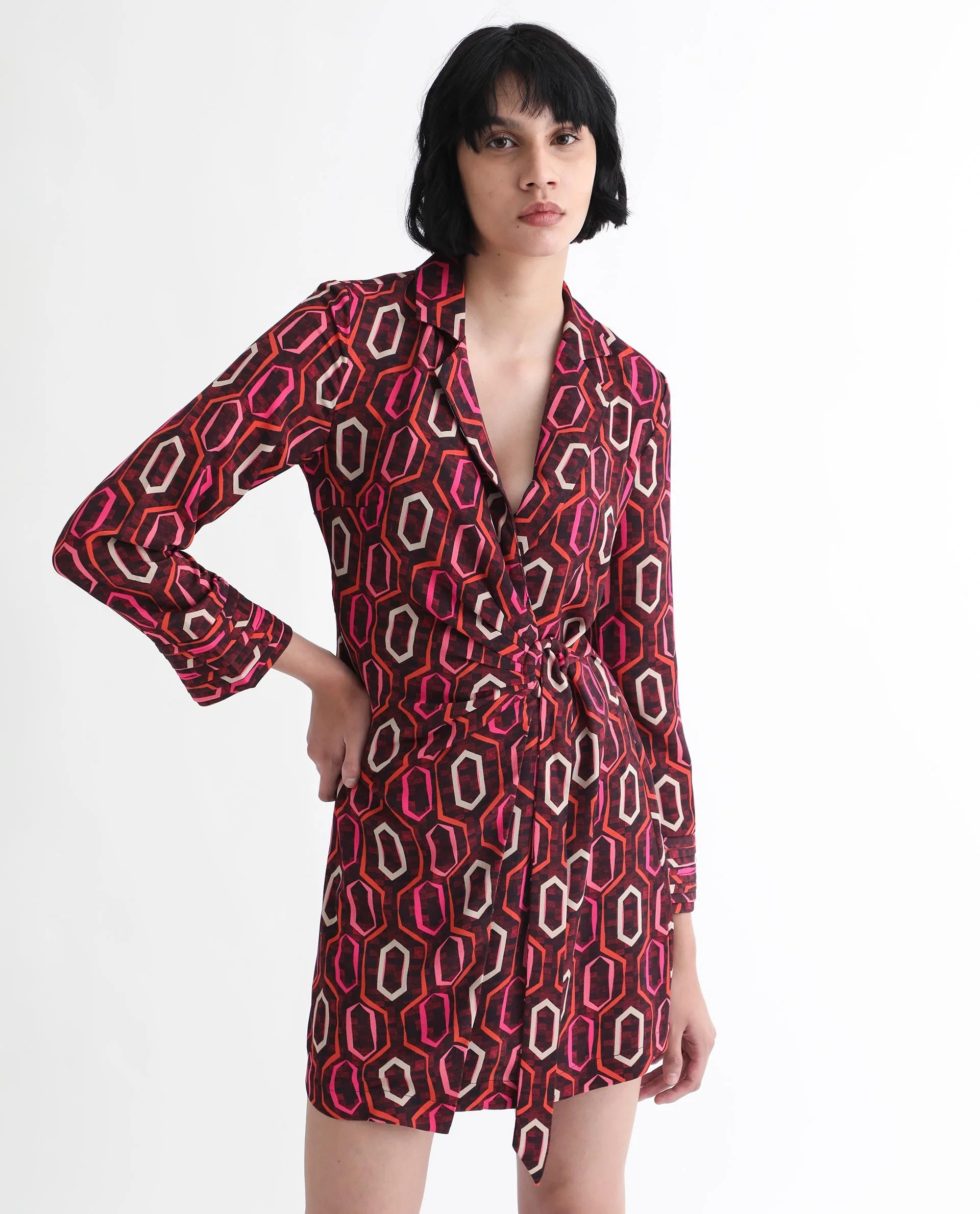 Rareism Women's Binden Dark Brown Polyester Lapel Neck Geometric Print Cuffed Sleeve Mini Relaxed Fit Dress - Image 11