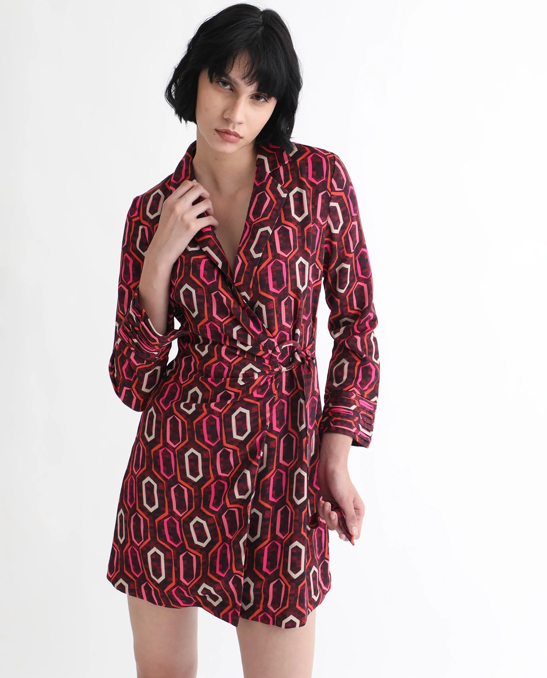 Rareism Women's Binden Dark Brown Polyester Lapel Neck Geometric Print Cuffed Sleeve Mini Relaxed Fit Dress - Image 12