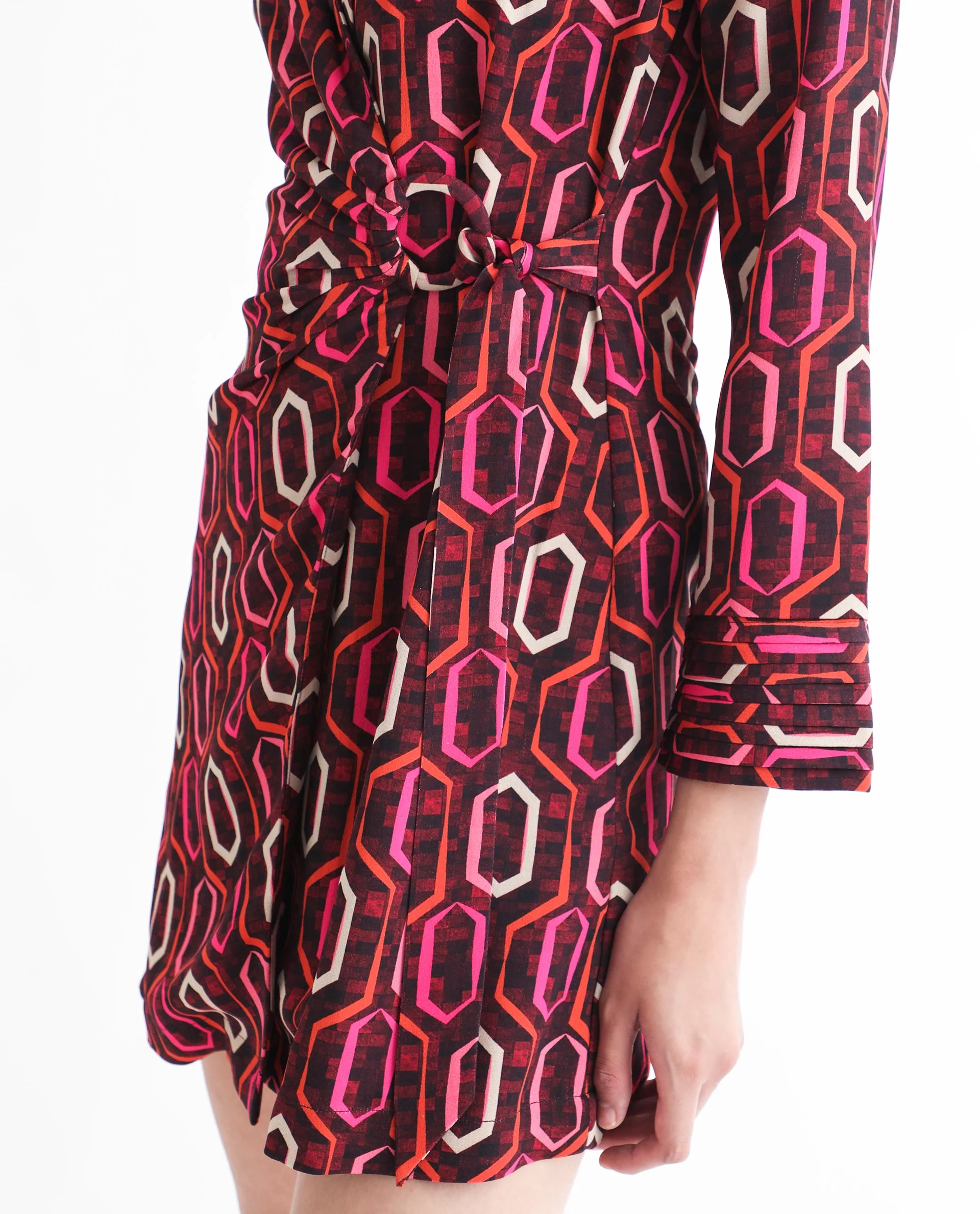 Rareism Women's Binden Dark Brown Polyester Lapel Neck Geometric Print Cuffed Sleeve Mini Relaxed Fit Dress - Image 13