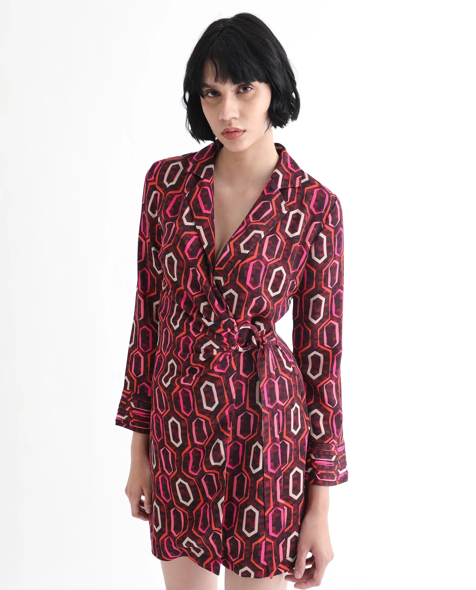 Rareism Women's Binden Dark Brown Polyester Lapel Neck Geometric Print Cuffed Sleeve Mini Relaxed Fit Dress - Image 14