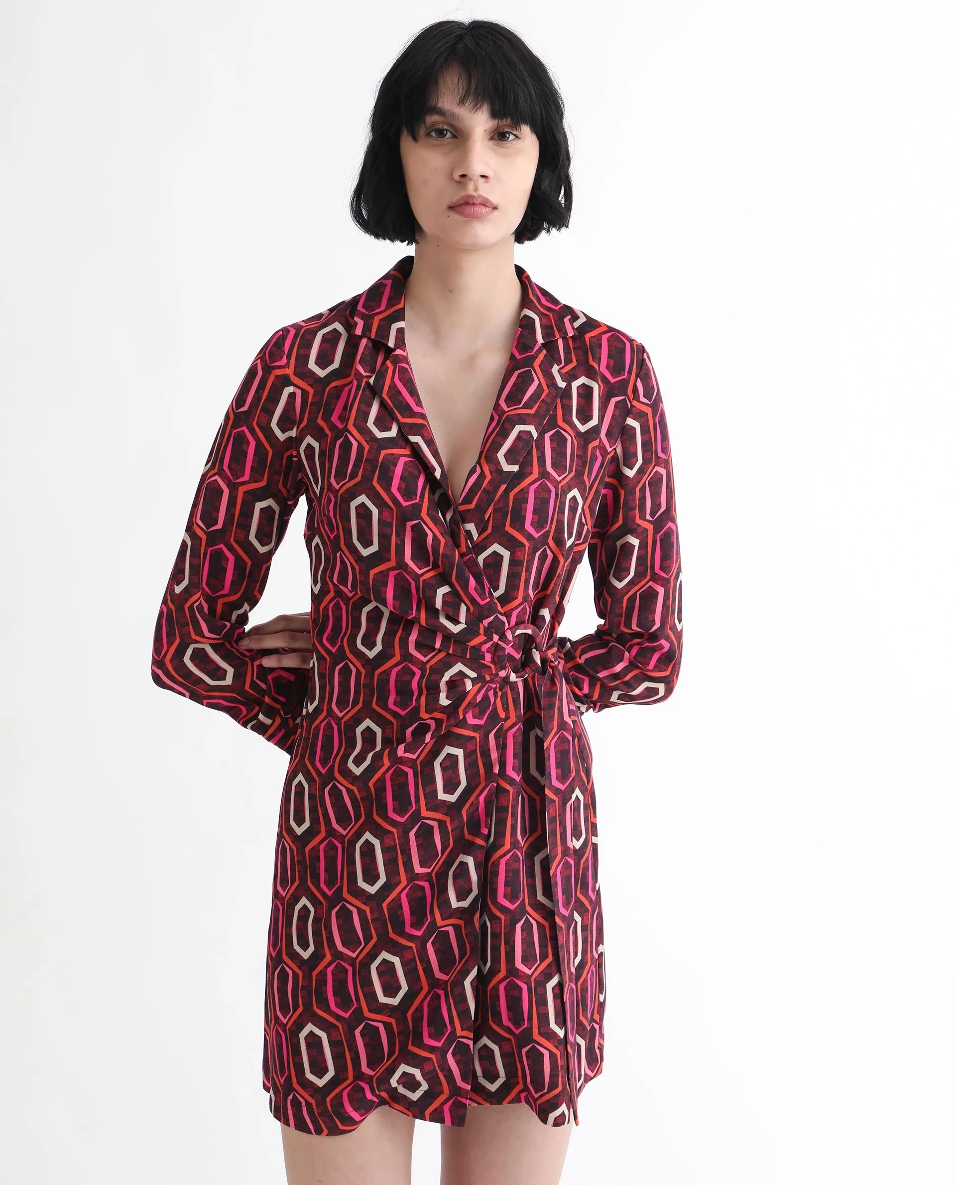 Rareism Women's Binden Dark Brown Polyester Lapel Neck Geometric Print Cuffed Sleeve Mini Relaxed Fit Dress - Image 15