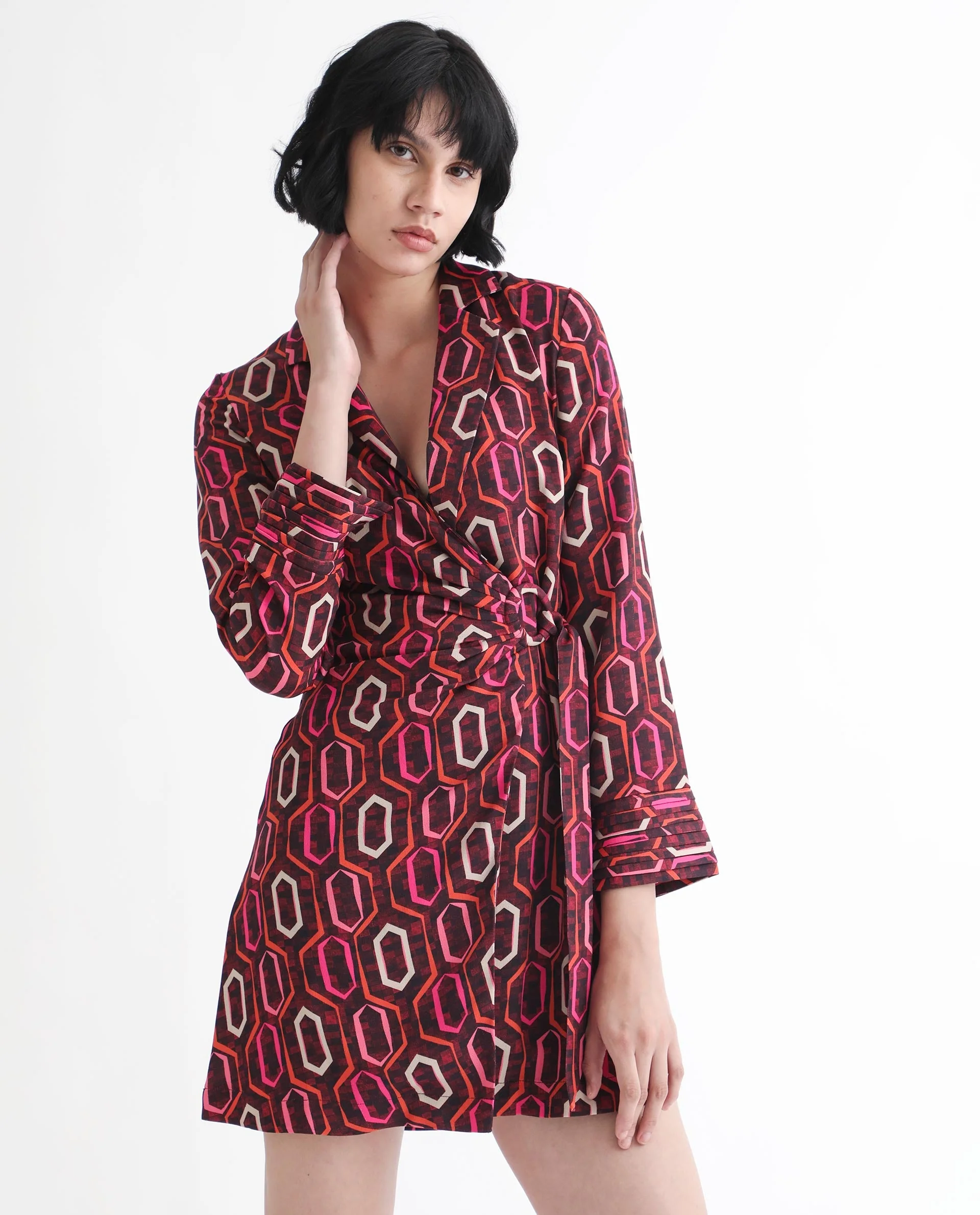Rareism Women's Binden Dark Brown Polyester Lapel Neck Geometric Print Cuffed Sleeve Mini Relaxed Fit Dress - Image 16
