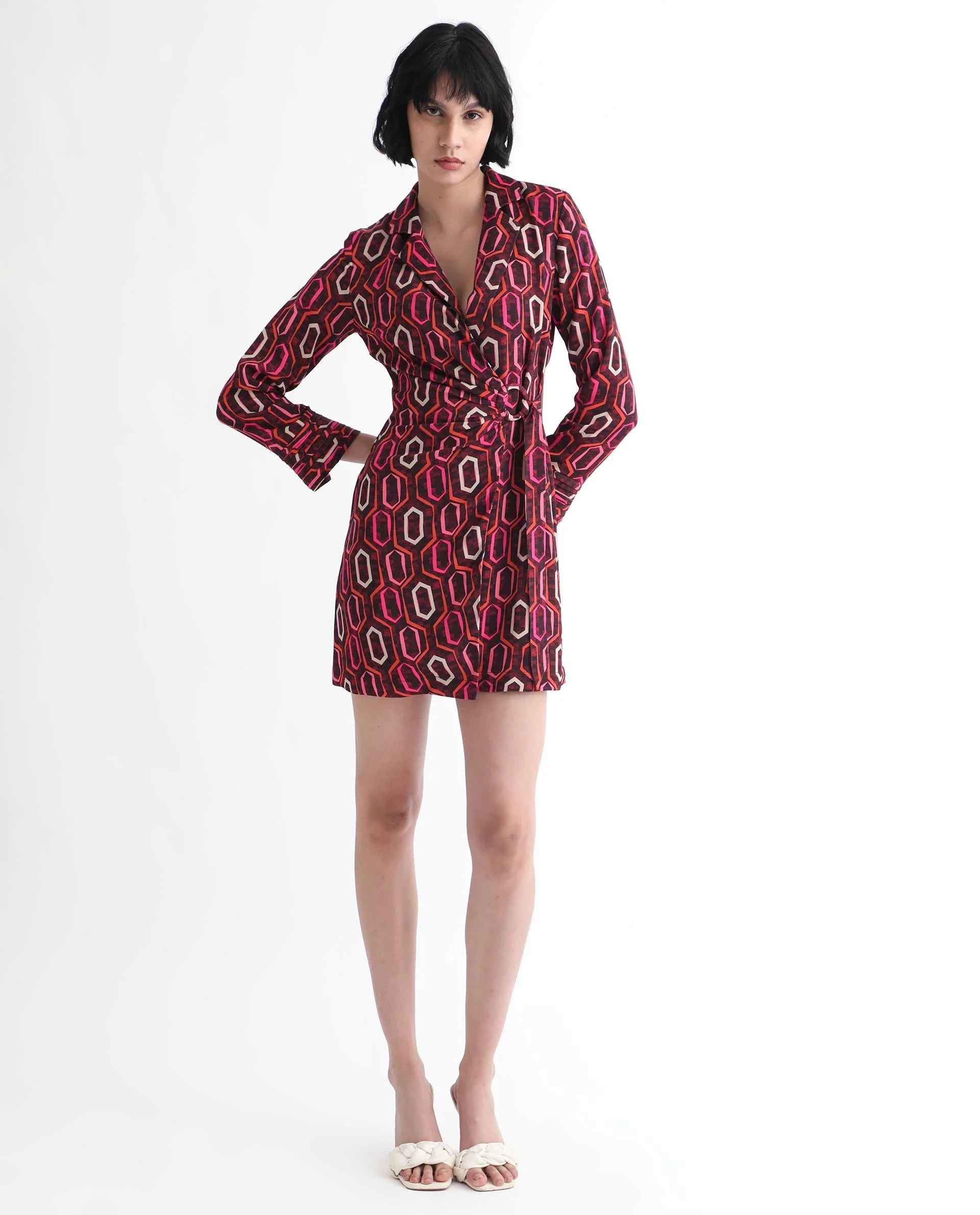 Rareism Women's Binden Dark Brown Polyester Lapel Neck Geometric Print Cuffed Sleeve Mini Relaxed Fit Dress - Image 2
