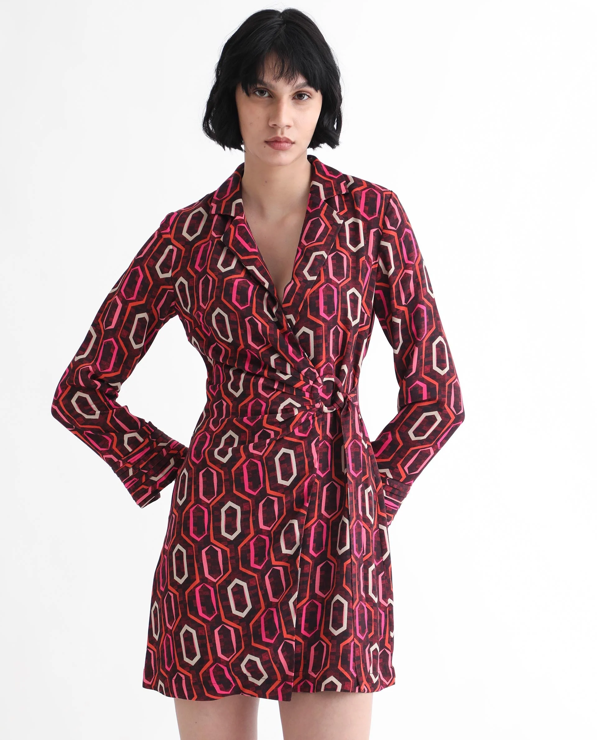 Rareism Women's Binden Dark Brown Polyester Lapel Neck Geometric Print Cuffed Sleeve Mini Relaxed Fit Dress - Image 3