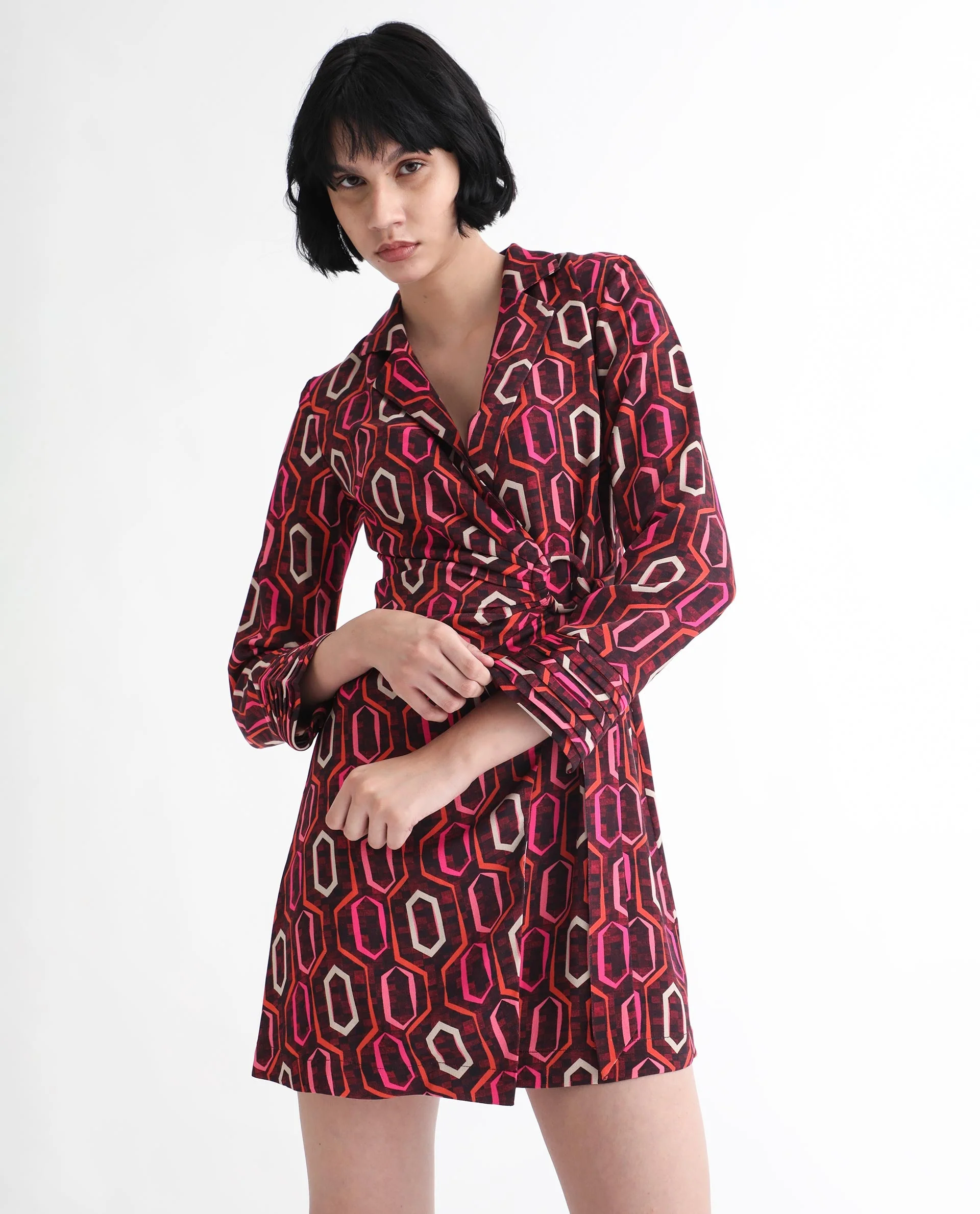 Rareism Women's Binden Dark Brown Polyester Lapel Neck Geometric Print Cuffed Sleeve Mini Relaxed Fit Dress - Image 5