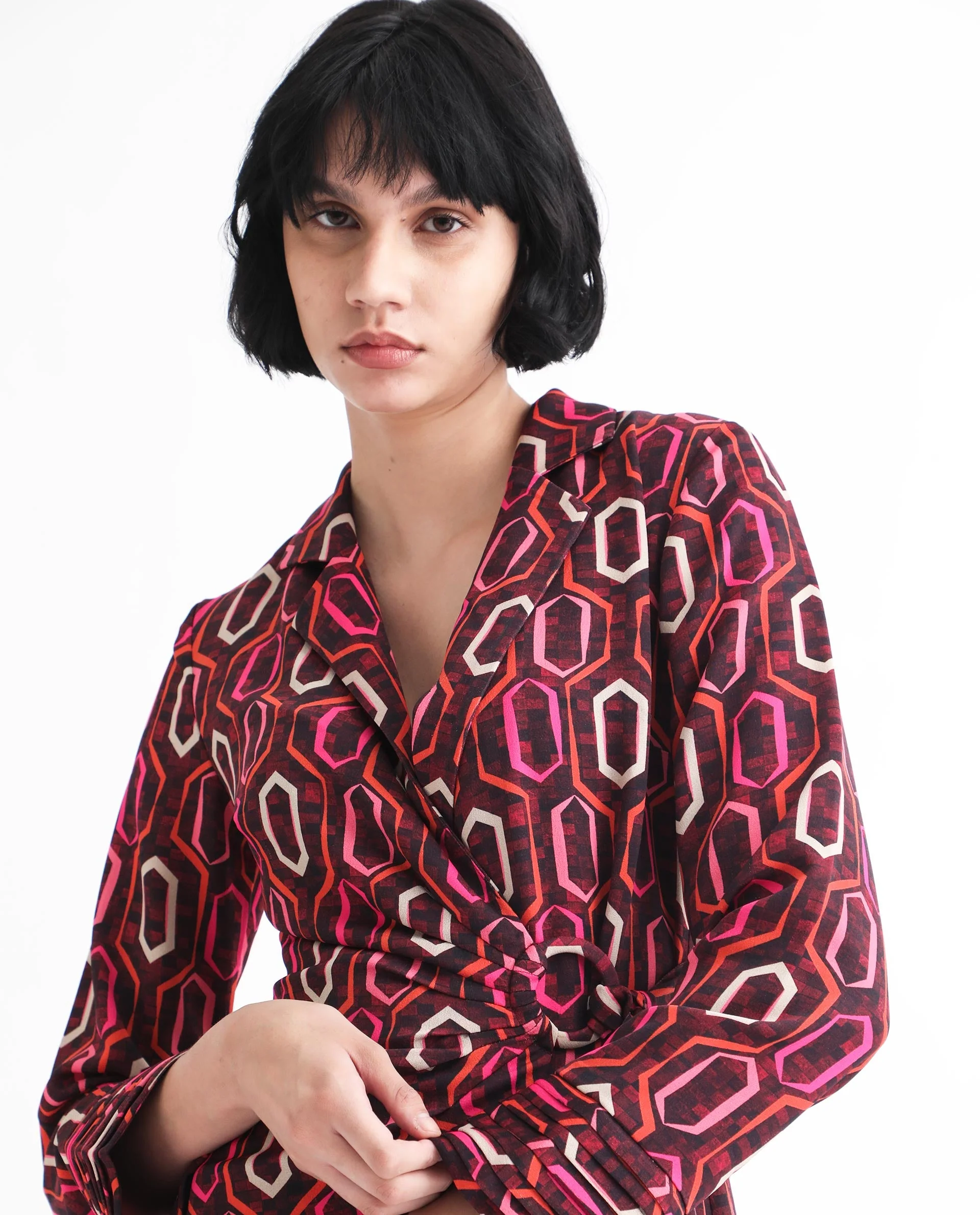 Rareism Women's Binden Dark Brown Polyester Lapel Neck Geometric Print Cuffed Sleeve Mini Relaxed Fit Dress - Image 6