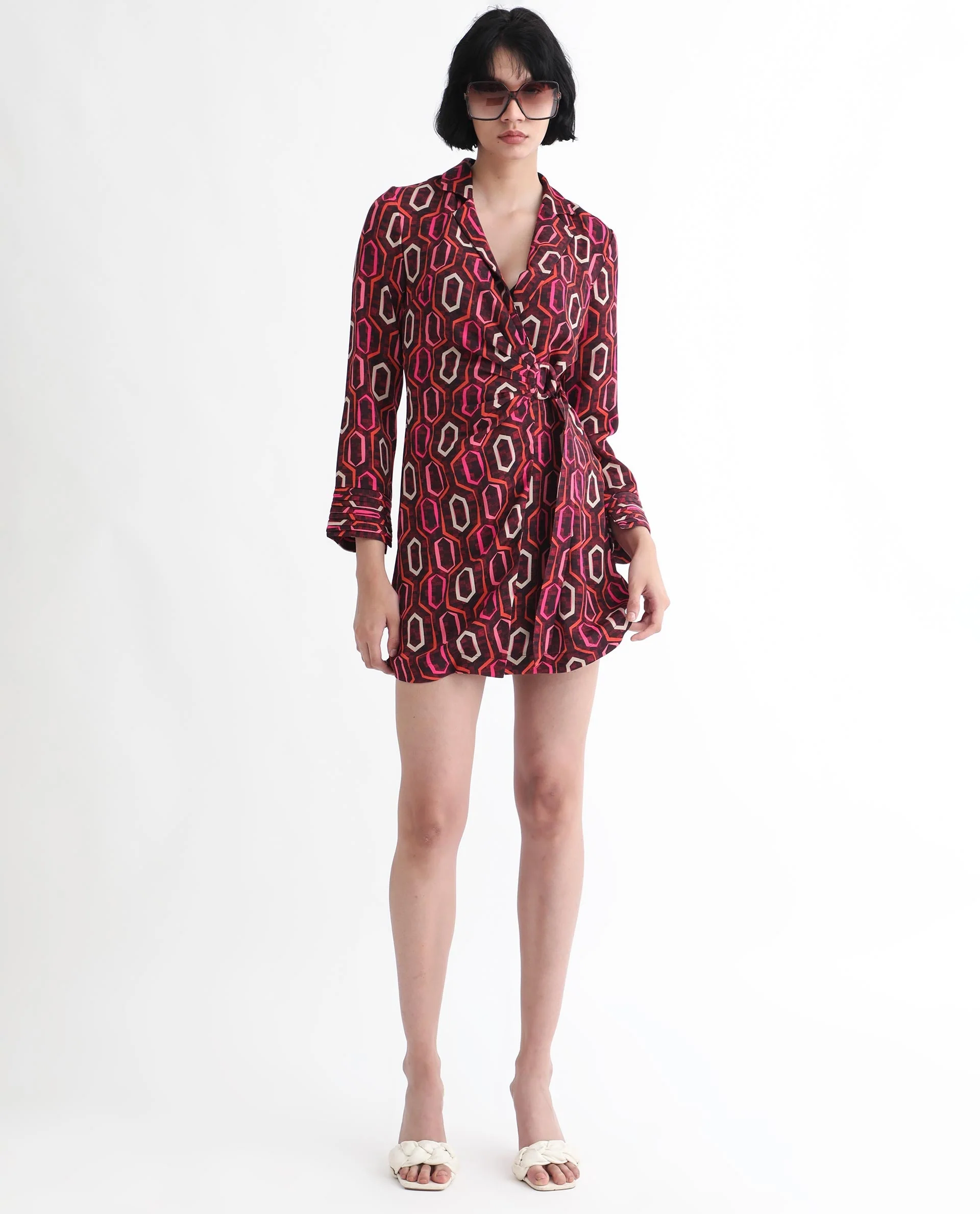Rareism Women's Binden Dark Brown Polyester Lapel Neck Geometric Print Cuffed Sleeve Mini Relaxed Fit Dress - Image 7