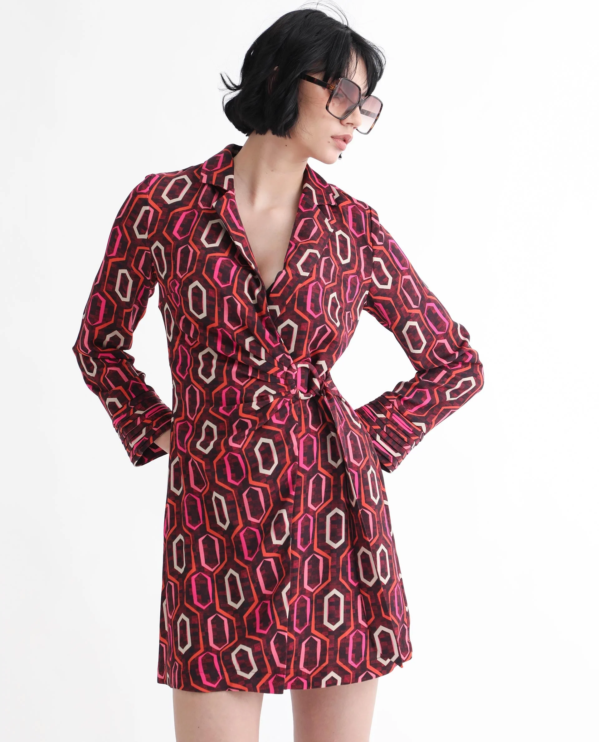 Rareism Women's Binden Dark Brown Polyester Lapel Neck Geometric Print Cuffed Sleeve Mini Relaxed Fit Dress - Image 8