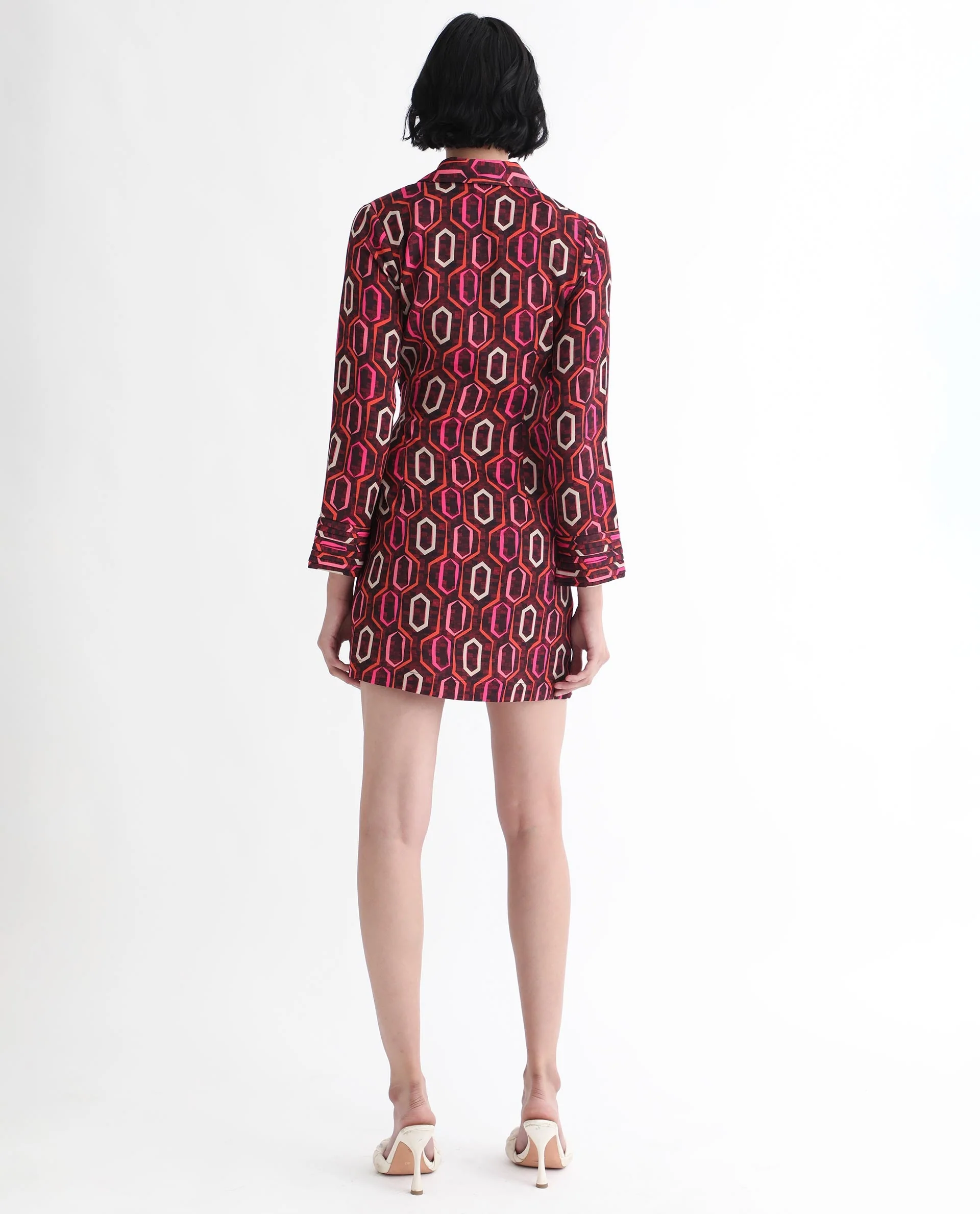 Rareism Women's Binden Dark Brown Polyester Lapel Neck Geometric Print Cuffed Sleeve Mini Relaxed Fit Dress - Image 9