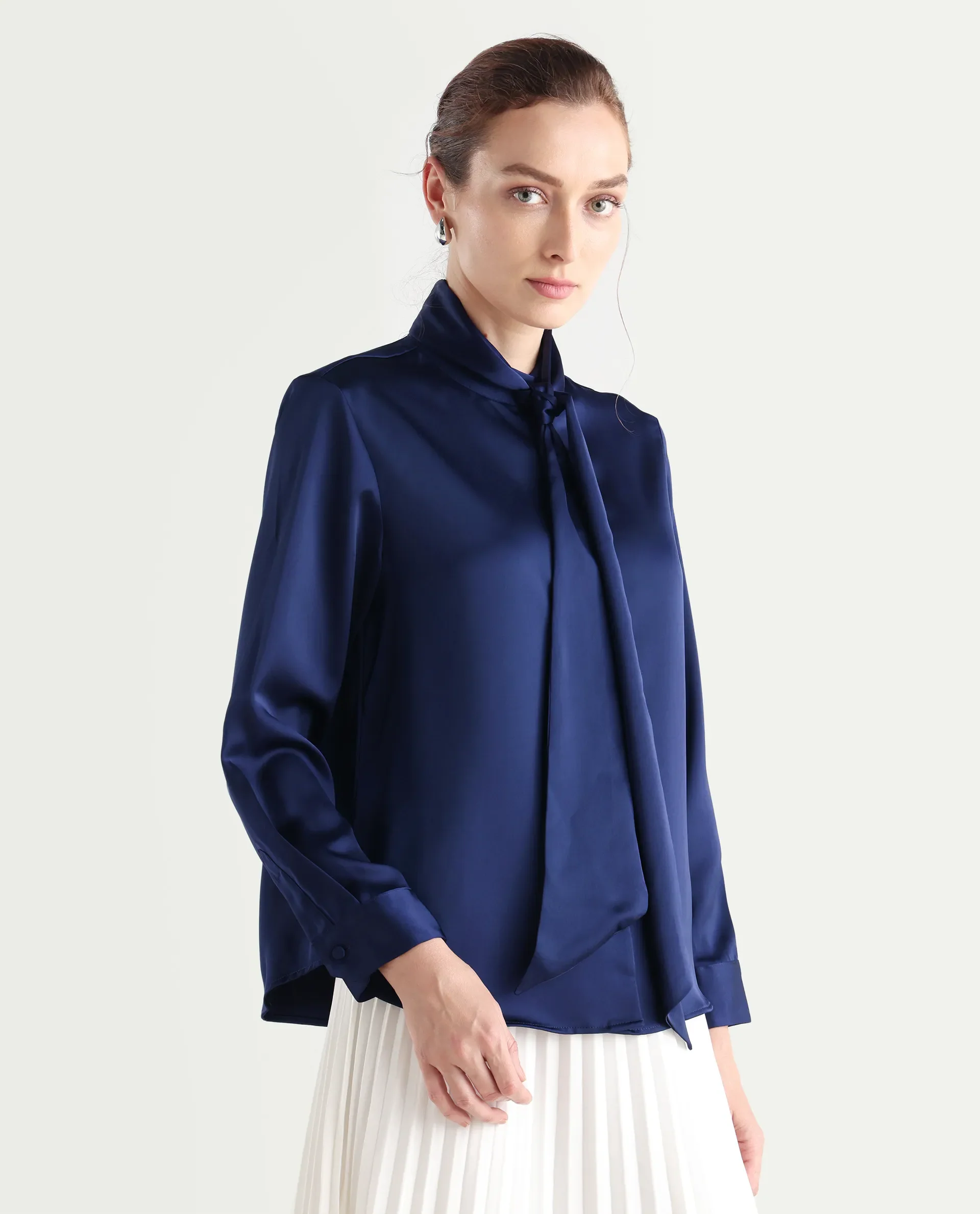 Rareism Women's Bingol Navy Cotton Mandarin Collar Plain Cuffed Sleeve Regular Fit Shirt - Image 10
