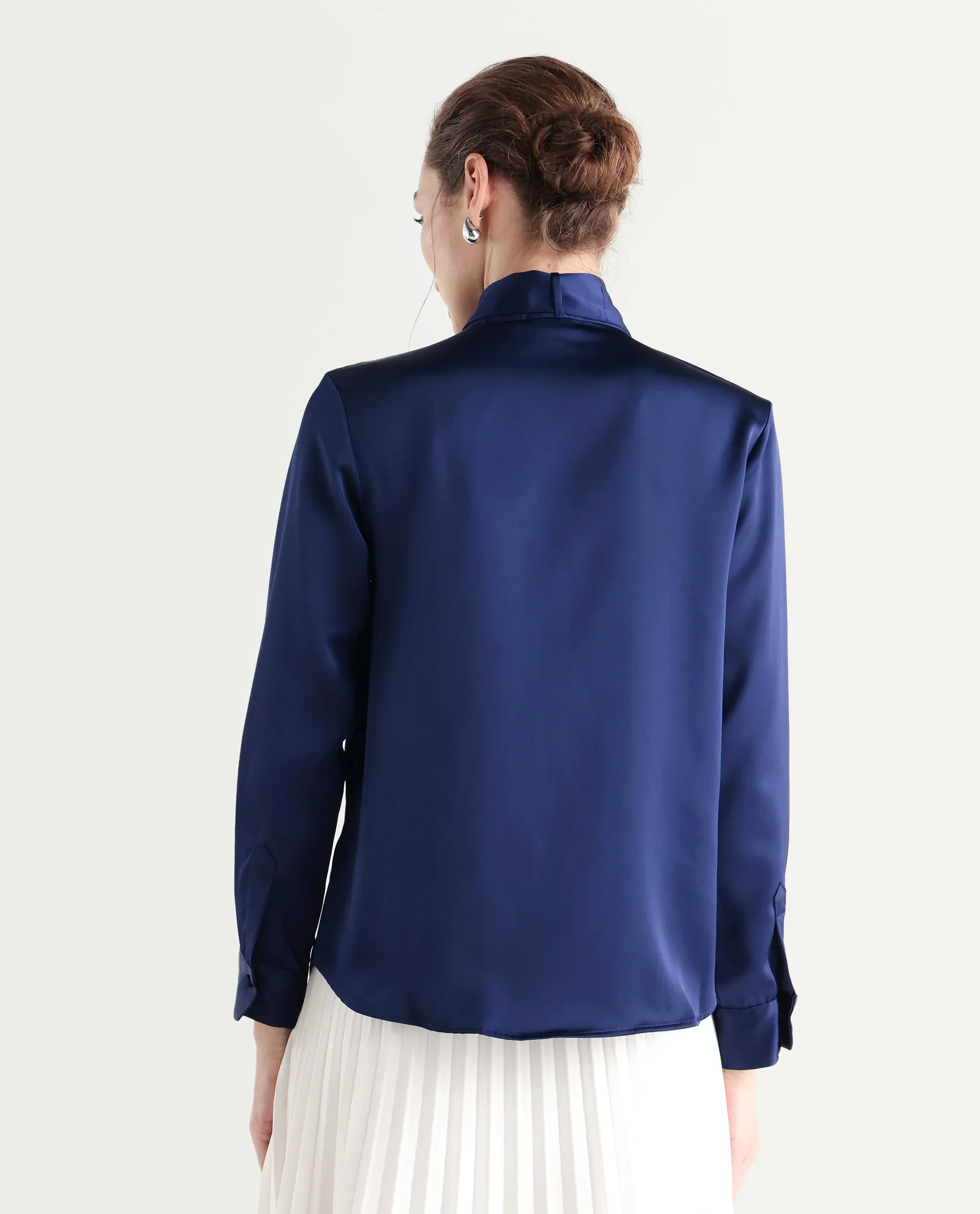 Rareism Women's Bingol Navy Cotton Mandarin Collar Plain Cuffed Sleeve Regular Fit Shirt - Image 11