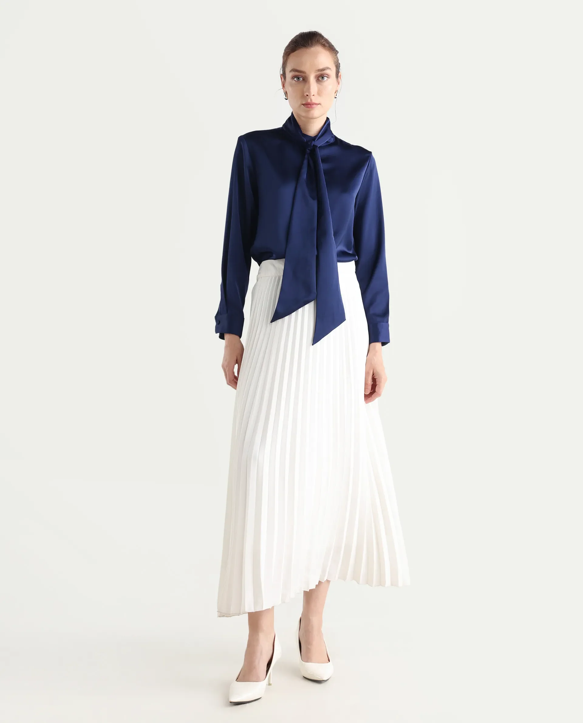 Rareism Women's Bingol Navy Cotton Mandarin Collar Plain Cuffed Sleeve Regular Fit Shirt - Image 2