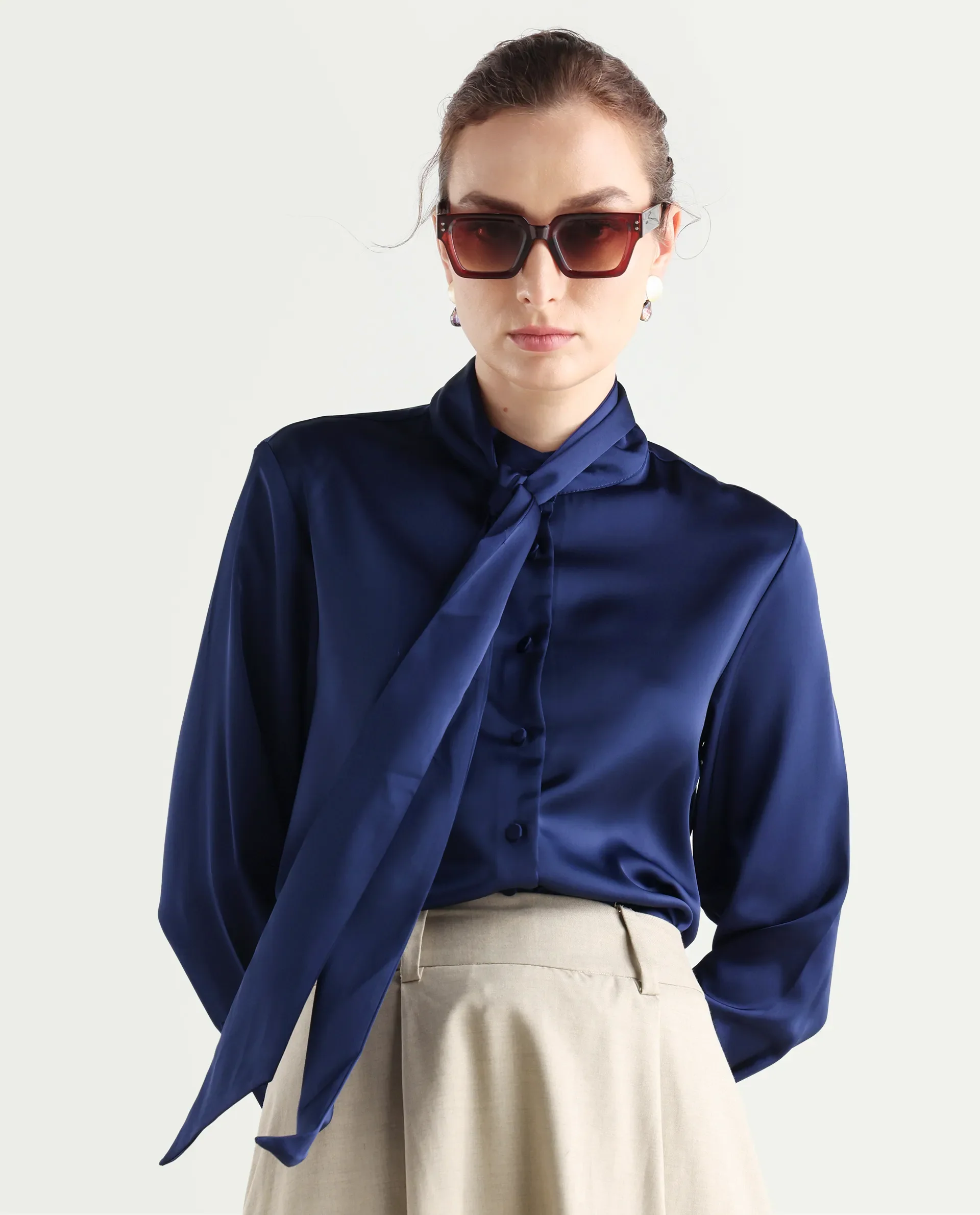 Rareism Women's Bingol Navy Cotton Mandarin Collar Plain Cuffed Sleeve Regular Fit Shirt - Image 4