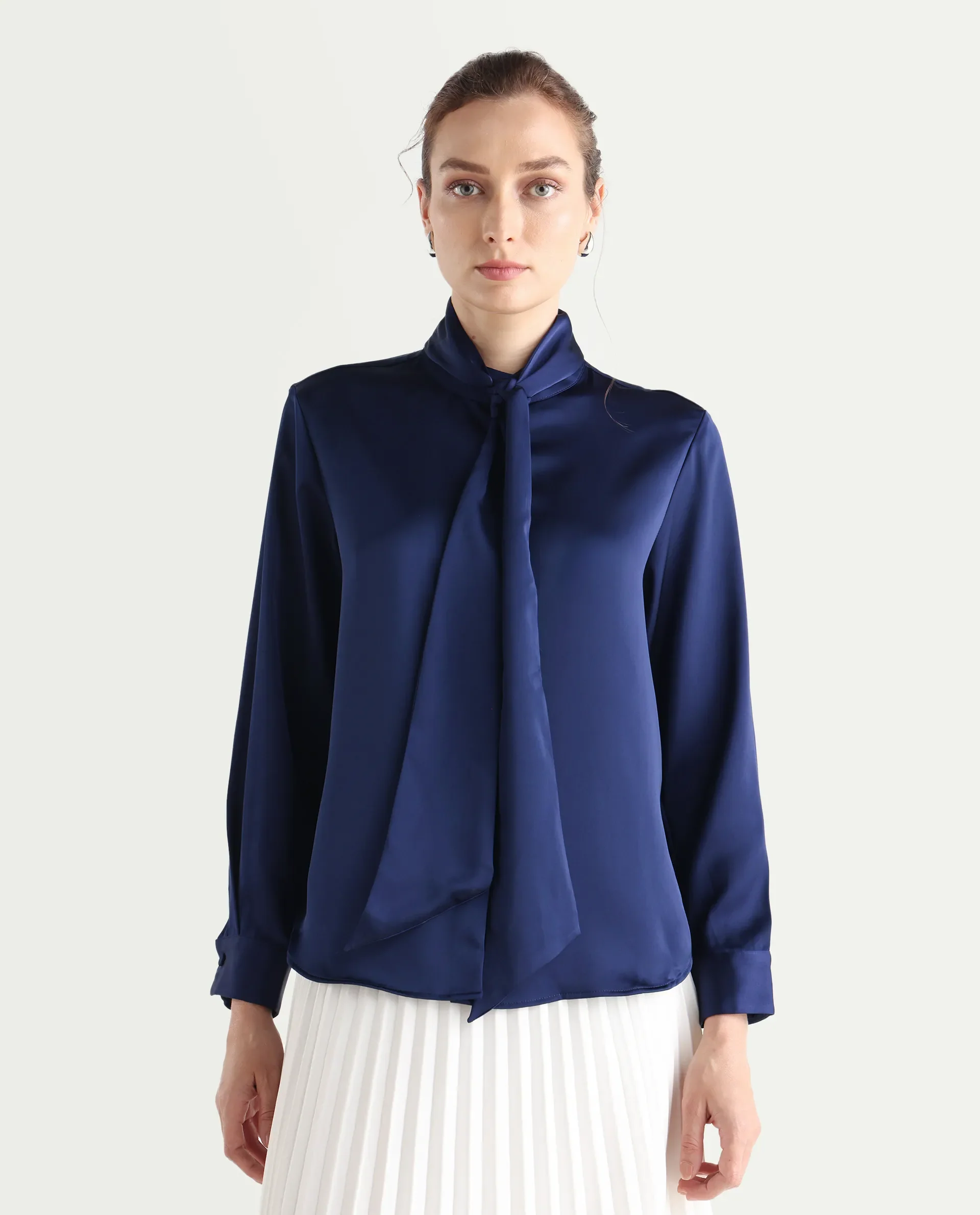 Rareism Women's Bingol Navy Cotton Mandarin Collar Plain Cuffed Sleeve Regular Fit Shirt - Image 5