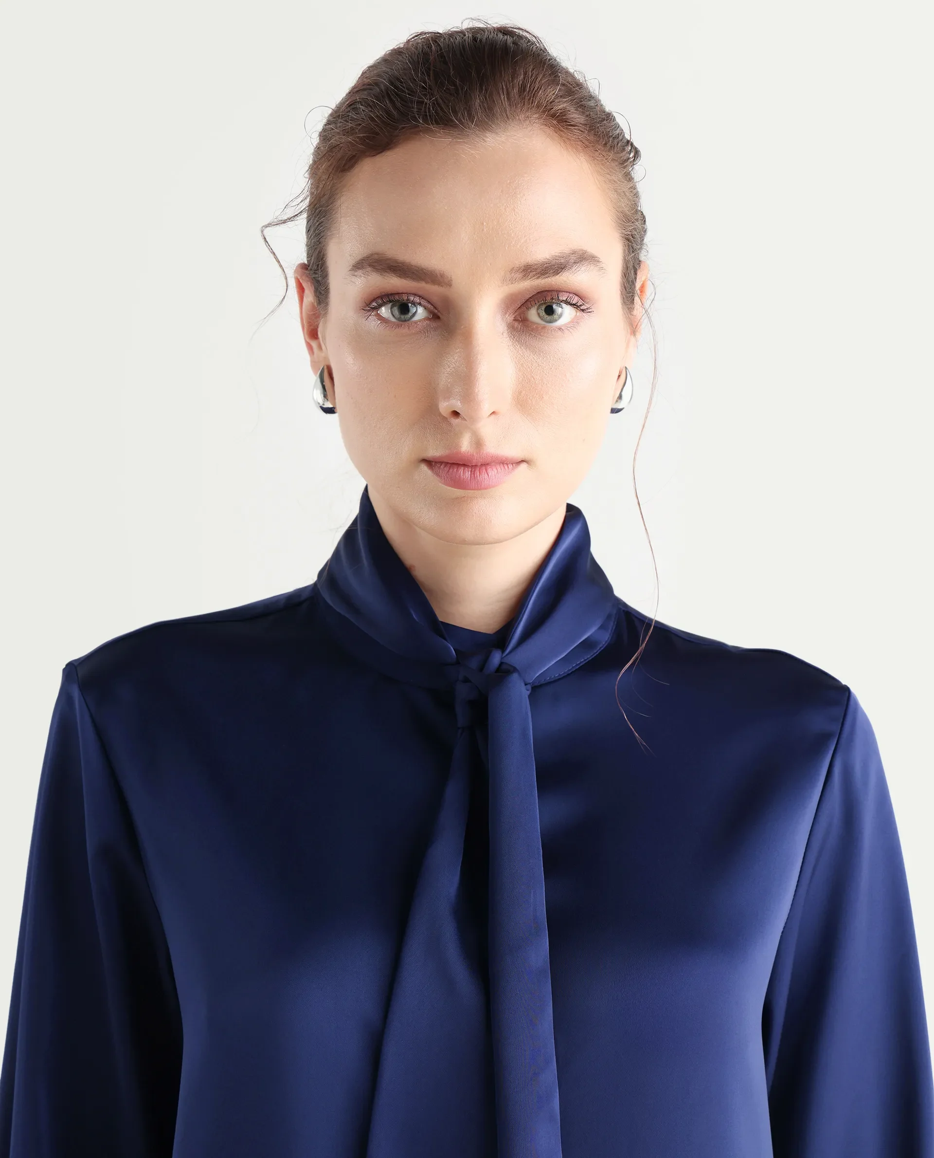 Rareism Women's Bingol Navy Cotton Mandarin Collar Plain Cuffed Sleeve Regular Fit Shirt - Image 6