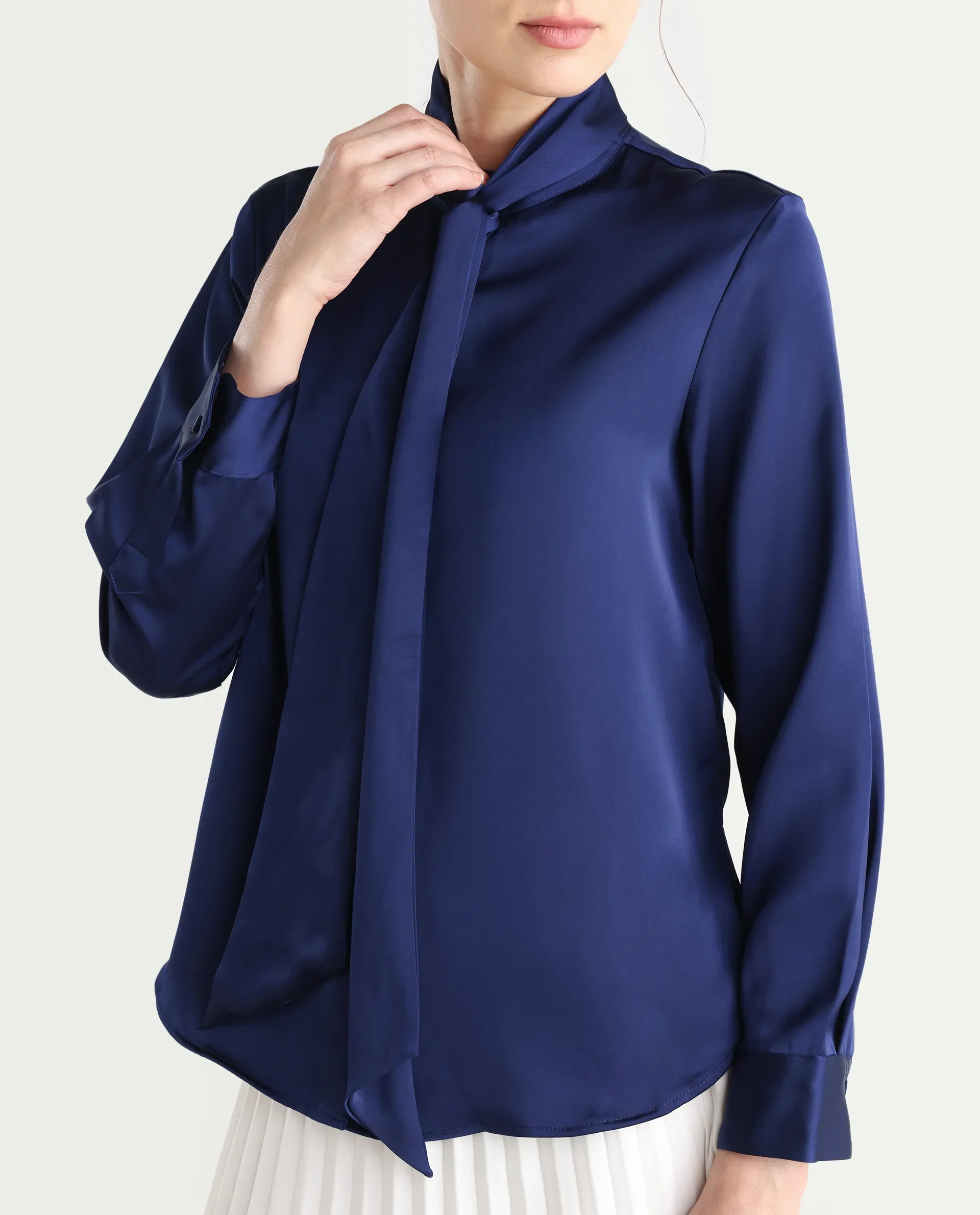 Rareism Women's Bingol Navy Cotton Mandarin Collar Plain Cuffed Sleeve Regular Fit Shirt - Image 7