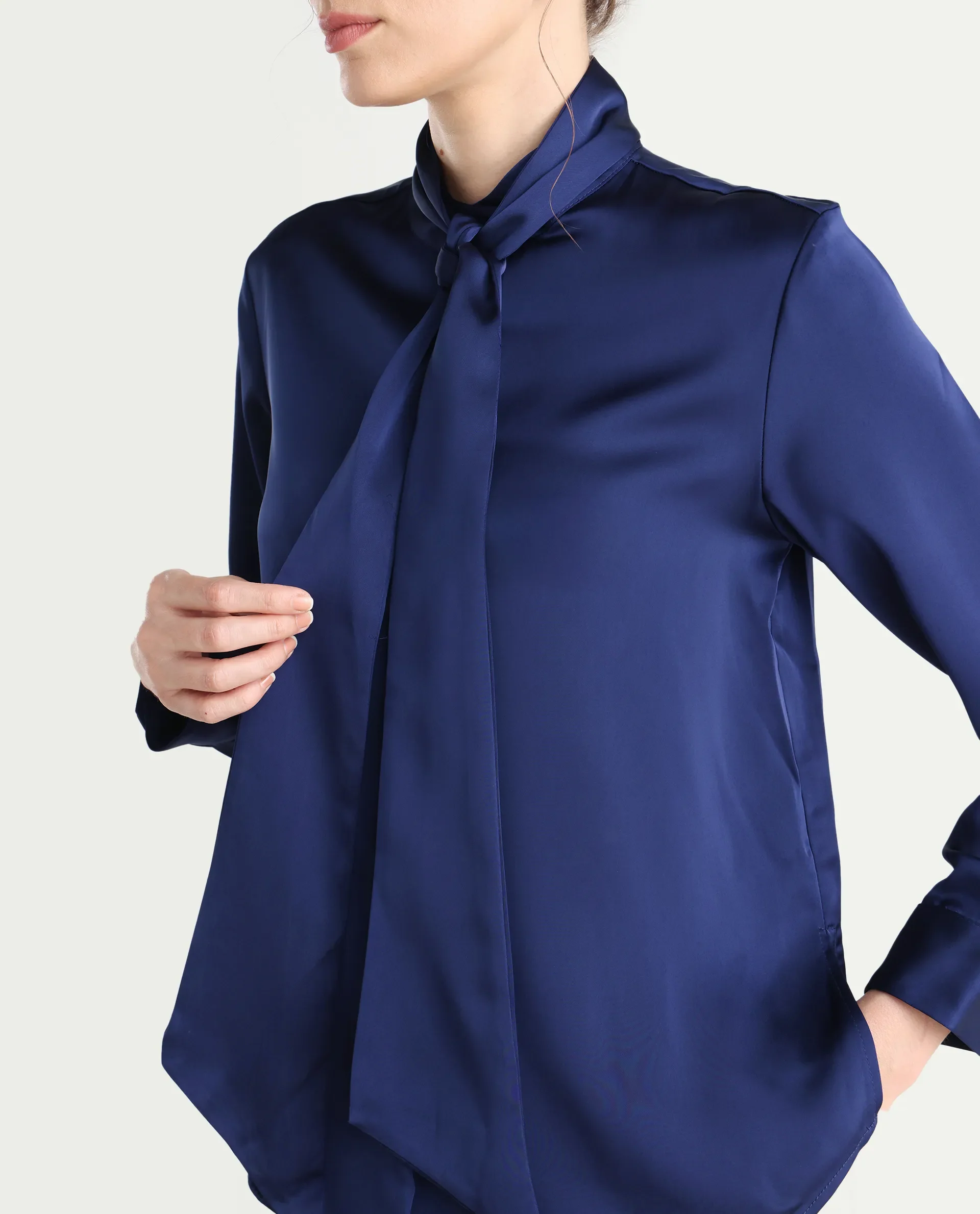 Rareism Women's Bingol Navy Cotton Mandarin Collar Plain Cuffed Sleeve Regular Fit Shirt - Image 8