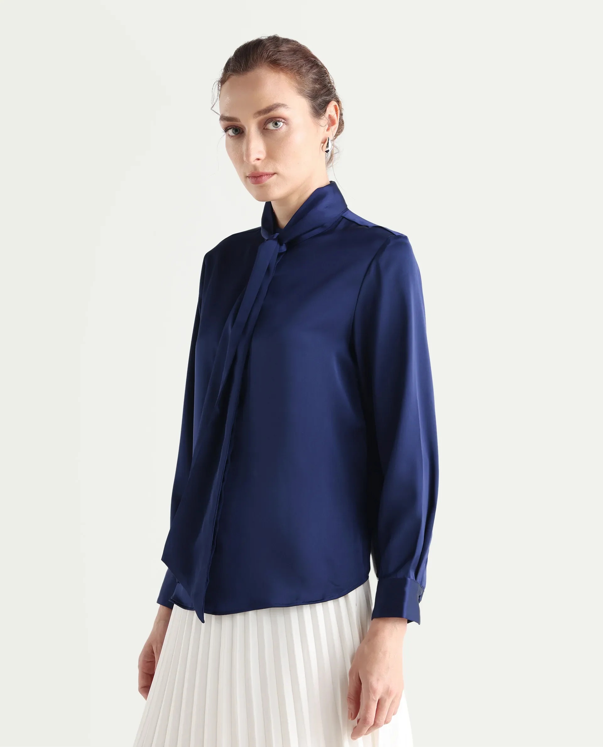 Rareism Women's Bingol Navy Cotton Mandarin Collar Plain Cuffed Sleeve Regular Fit Shirt - Image 9