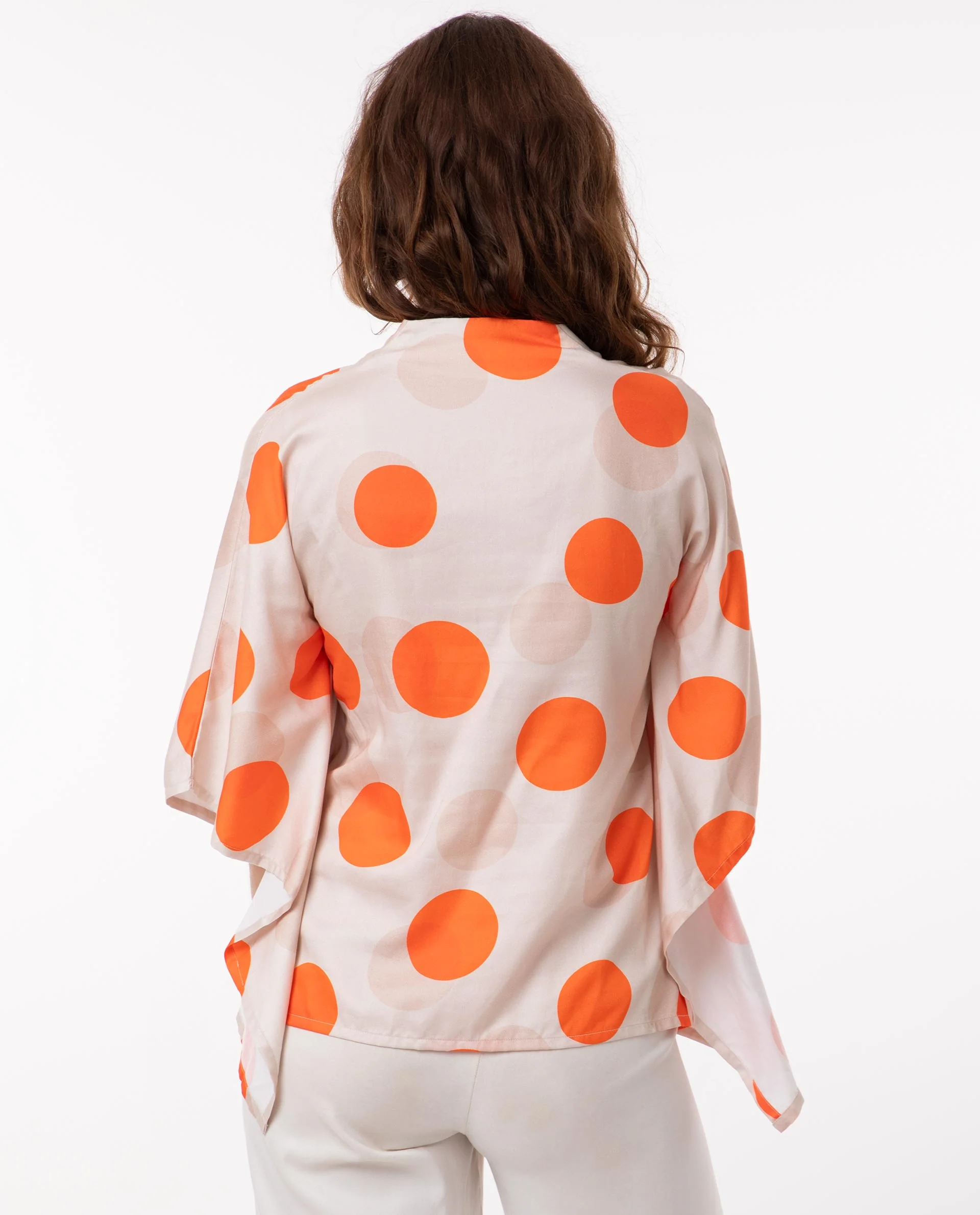 Rareism Women's Binko Light Beige Cotton V-Neck Polka Print Kimono Sleeve Relaxed Fit Top - Image 10