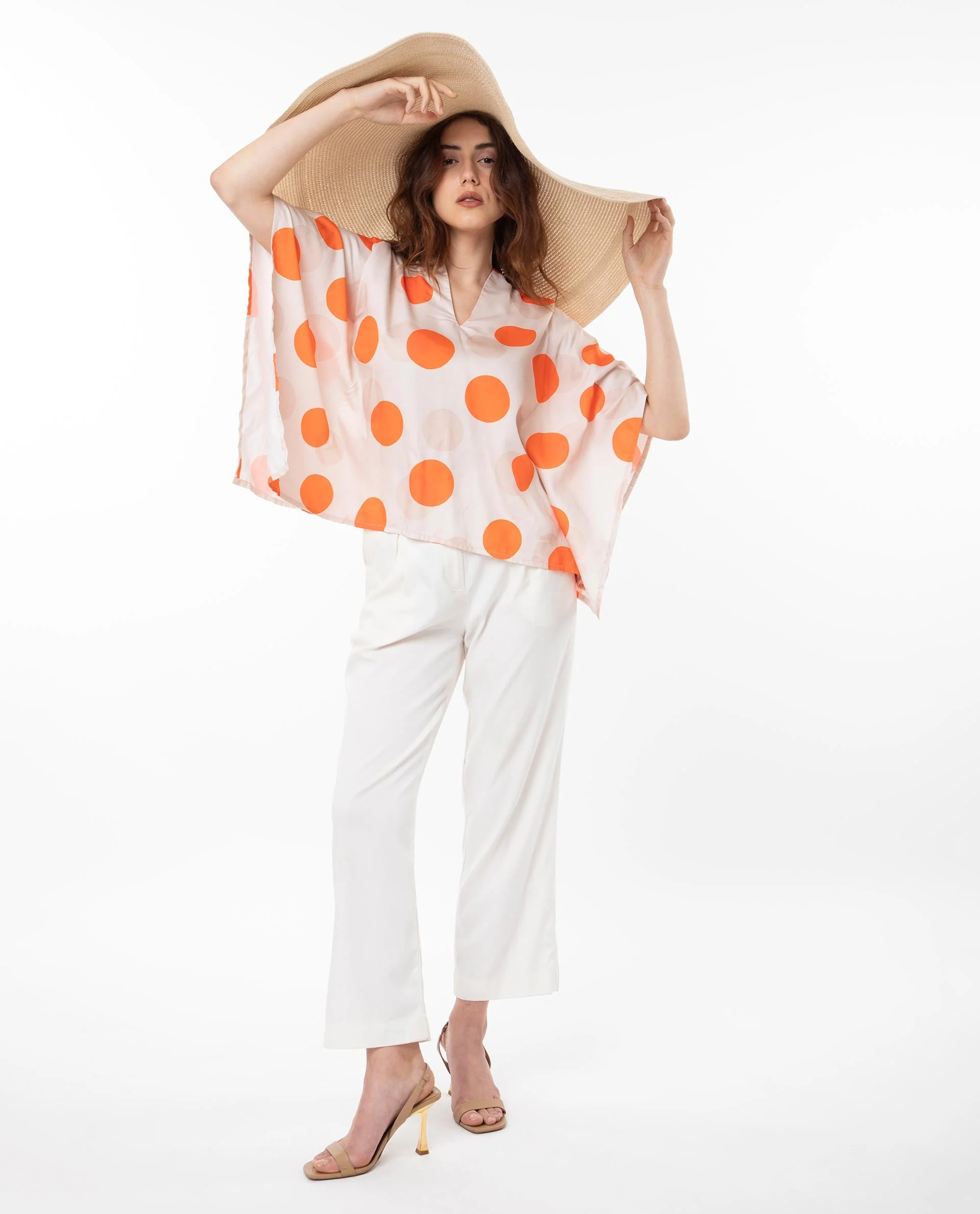 Rareism Women's Binko Light Beige Cotton V-Neck Polka Print Kimono Sleeve Relaxed Fit Top - Image 2
