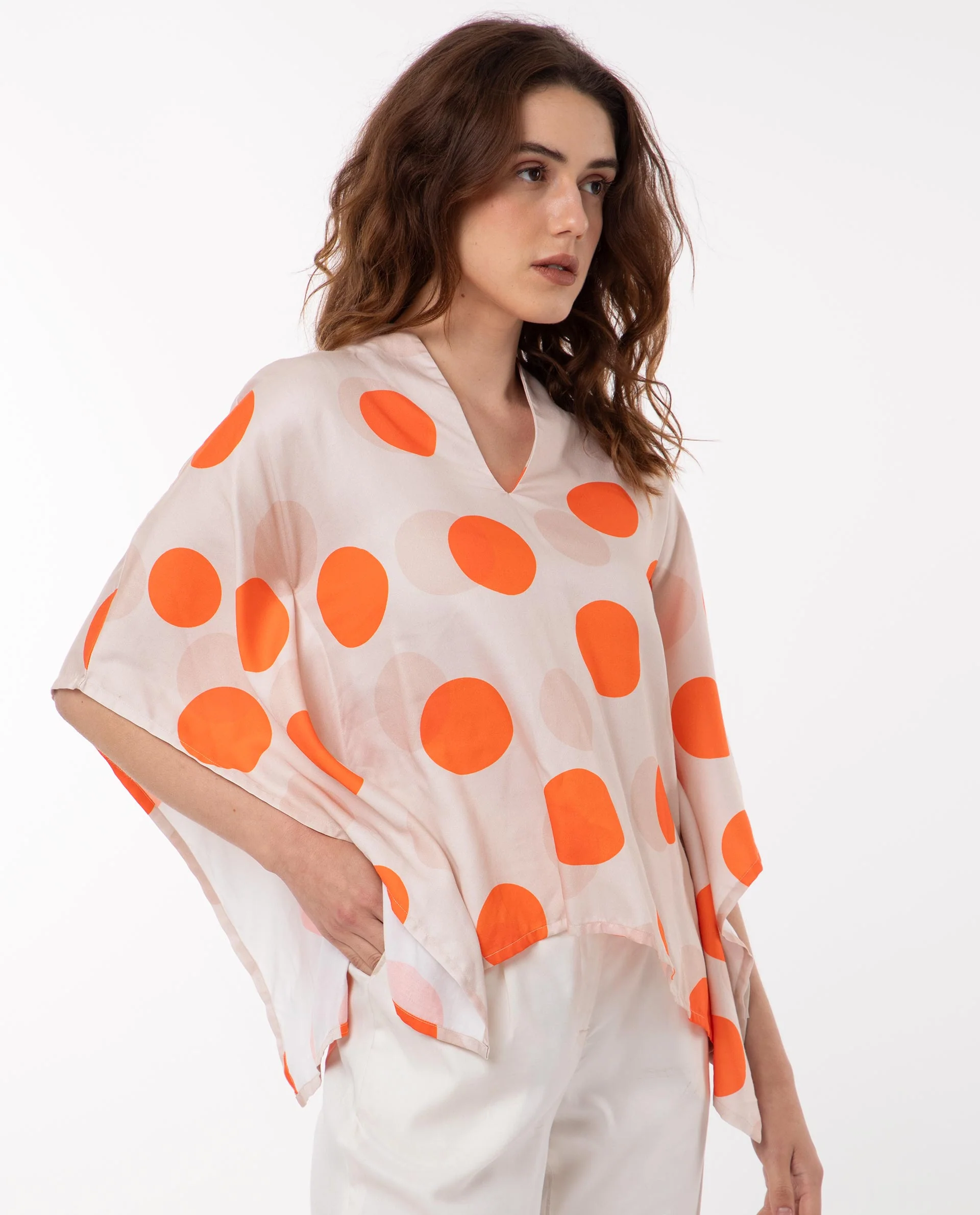 Rareism Women's Binko Light Beige Cotton V-Neck Polka Print Kimono Sleeve Relaxed Fit Top - Image 3