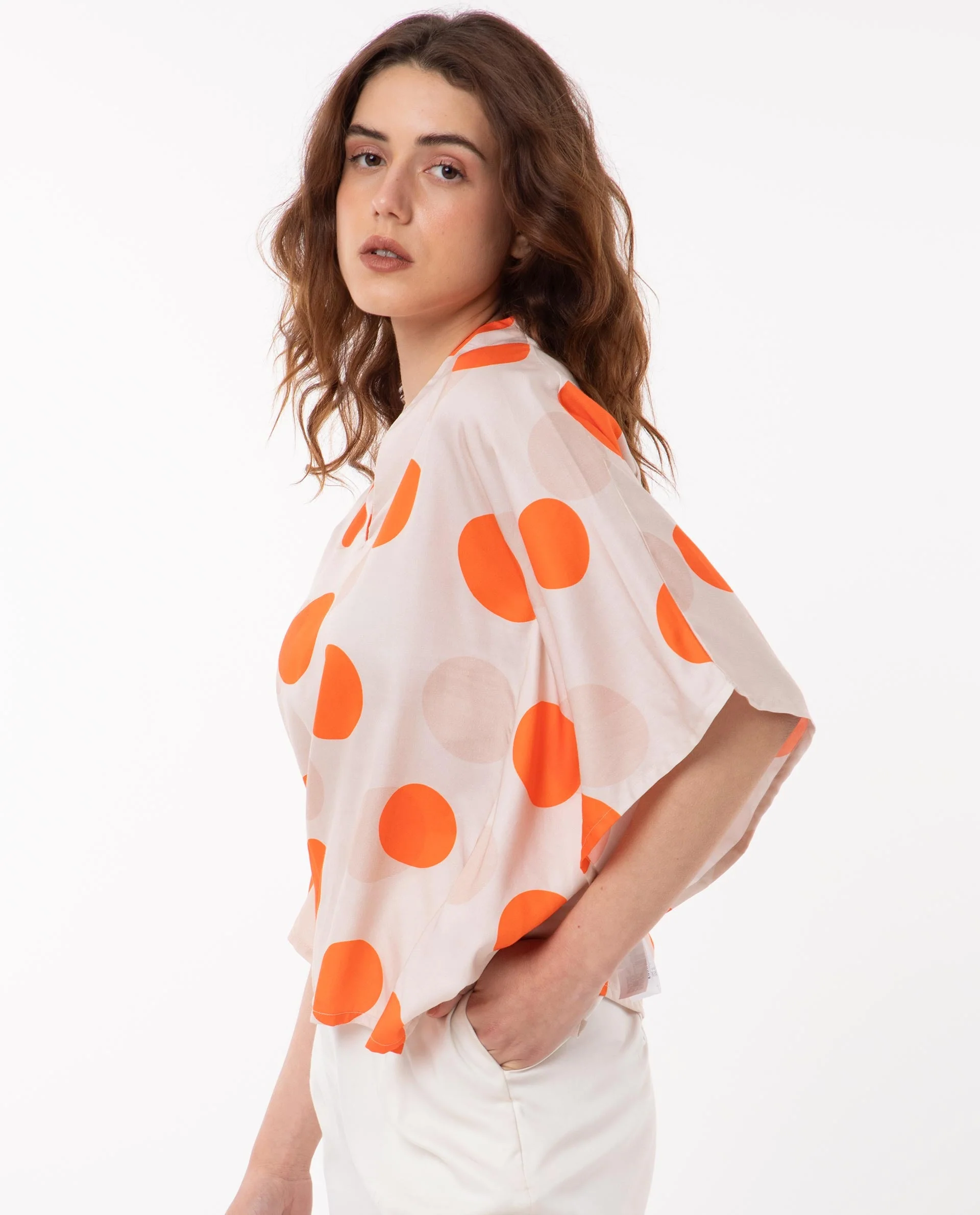 Rareism Women's Binko Light Beige Cotton V-Neck Polka Print Kimono Sleeve Relaxed Fit Top - Image 4