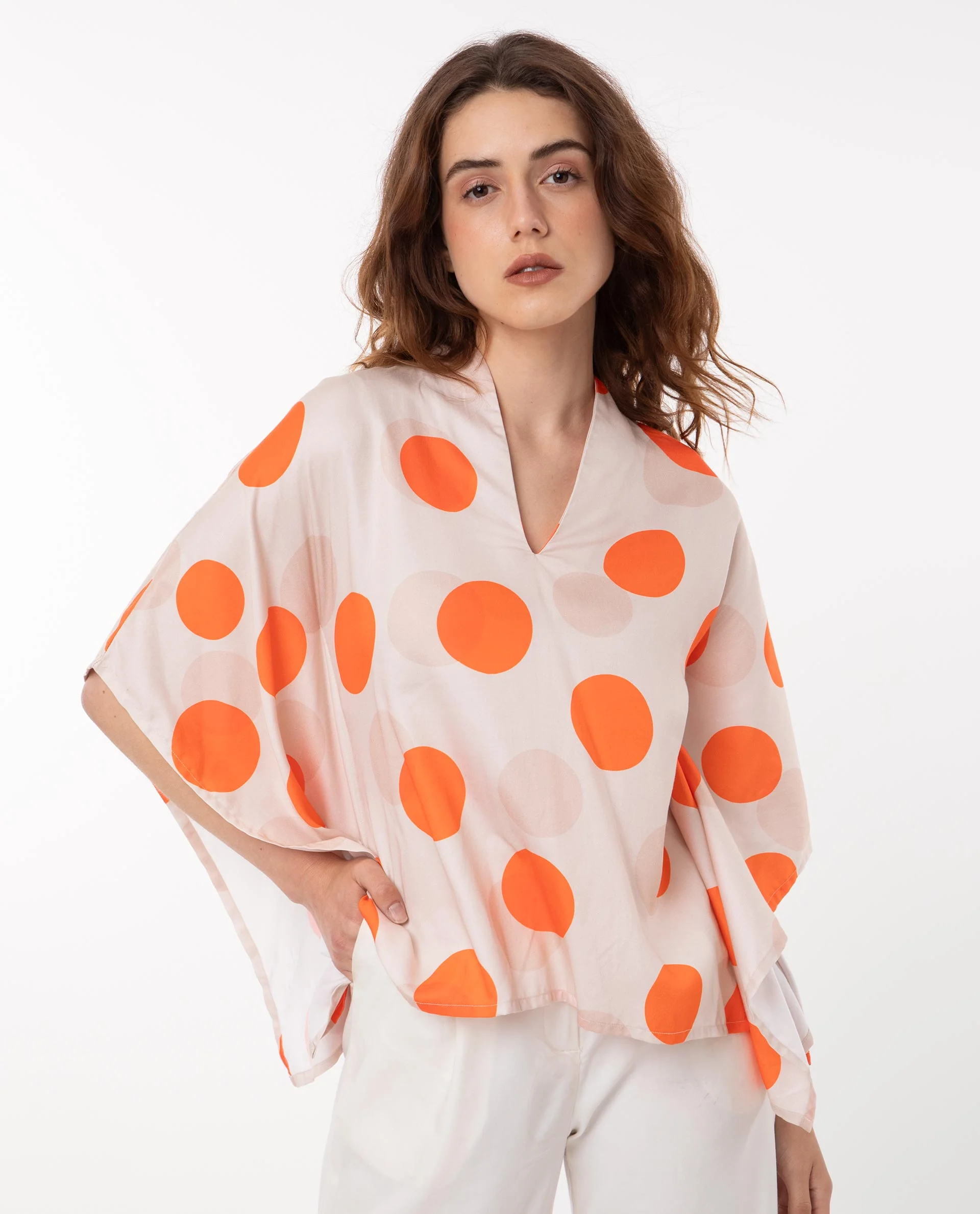 Rareism Women's Binko Light Beige Cotton V-Neck Polka Print Kimono Sleeve Relaxed Fit Top - Image 5
