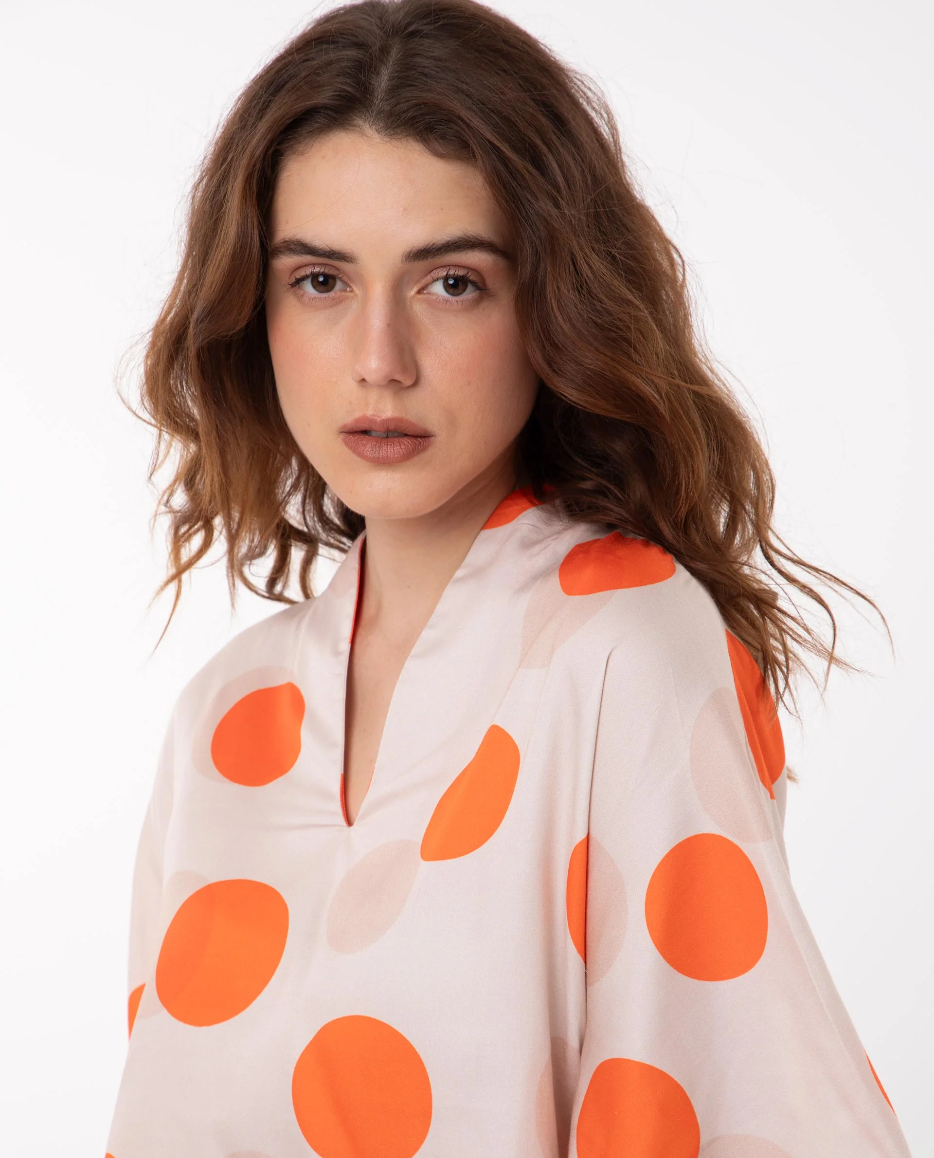 Rareism Women's Binko Light Beige Cotton V-Neck Polka Print Kimono Sleeve Relaxed Fit Top - Image 6