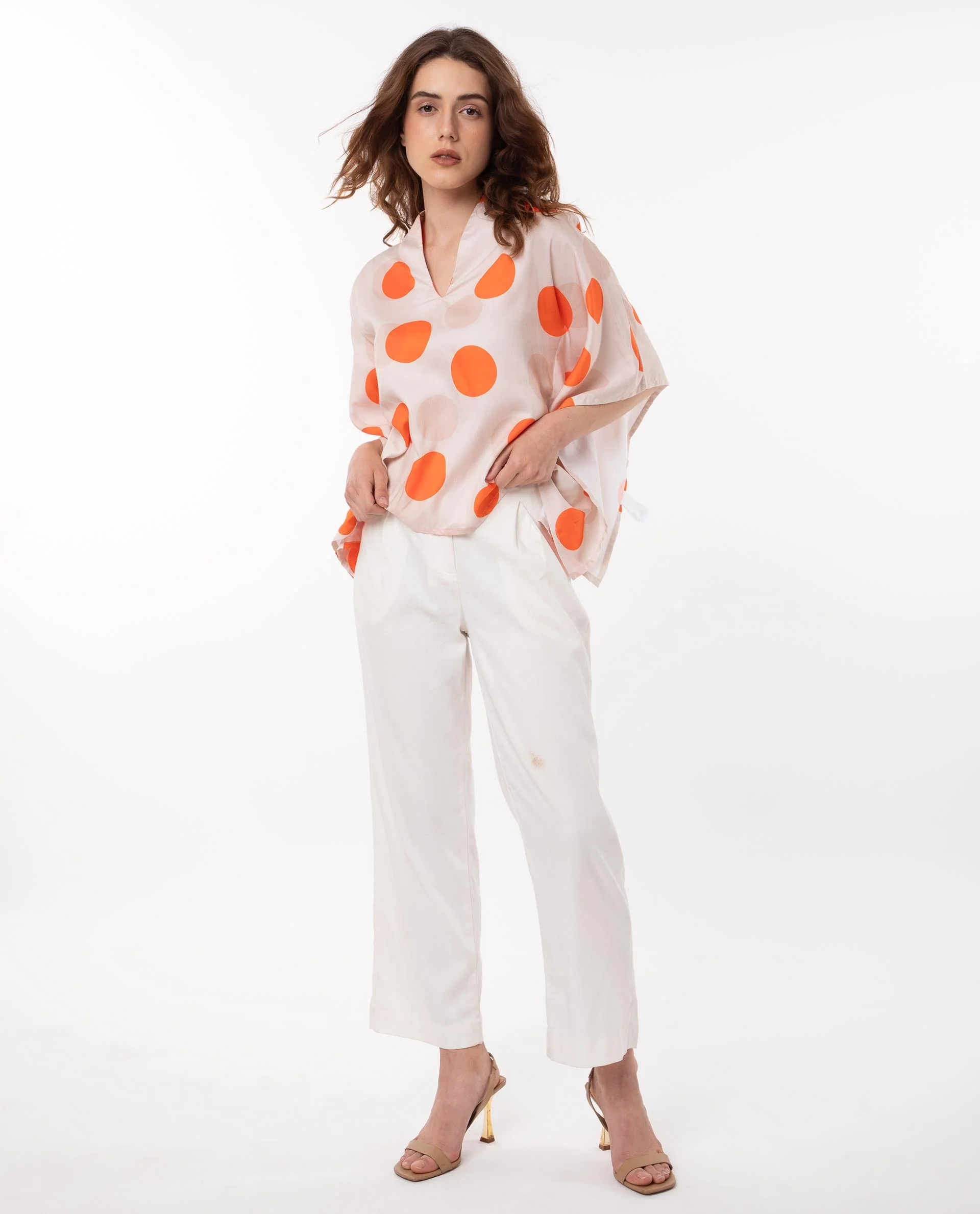 Rareism Women's Binko Light Beige Cotton V-Neck Polka Print Kimono Sleeve Relaxed Fit Top - Image 7