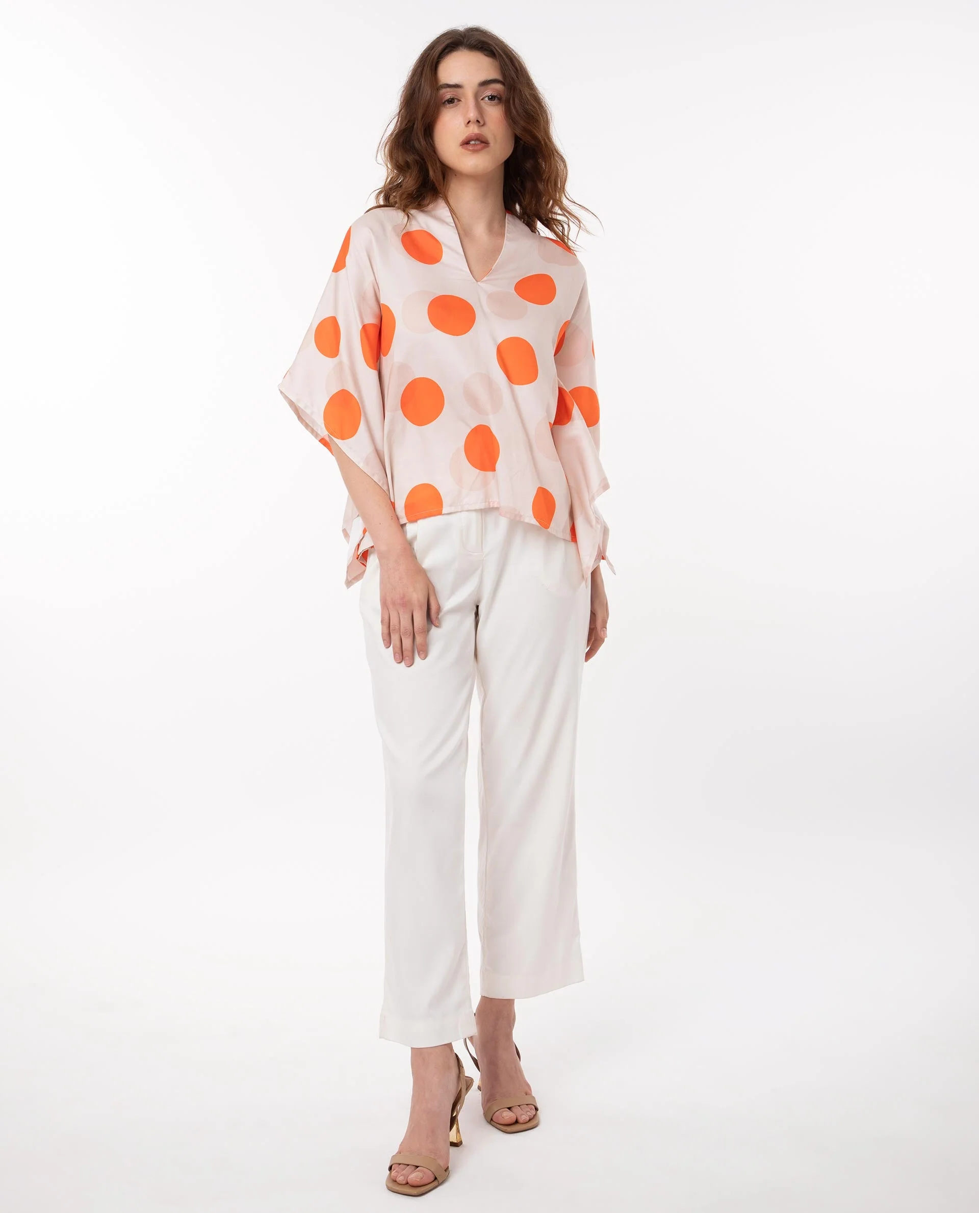 Rareism Women's Binko Light Beige Cotton V-Neck Polka Print Kimono Sleeve Relaxed Fit Top - Image 8