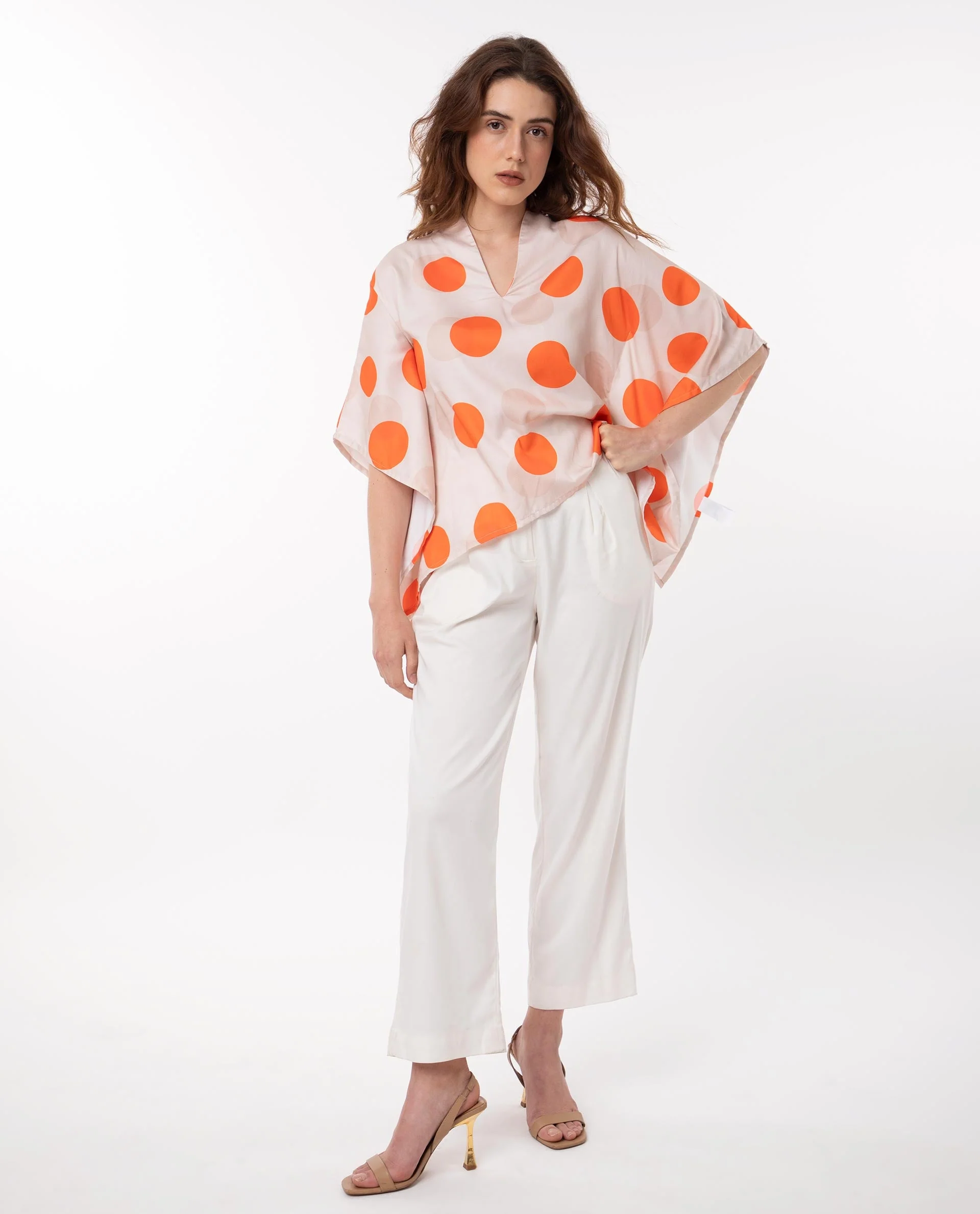 Rareism Women's Binko Light Beige Cotton V-Neck Polka Print Kimono Sleeve Relaxed Fit Top - Image 9