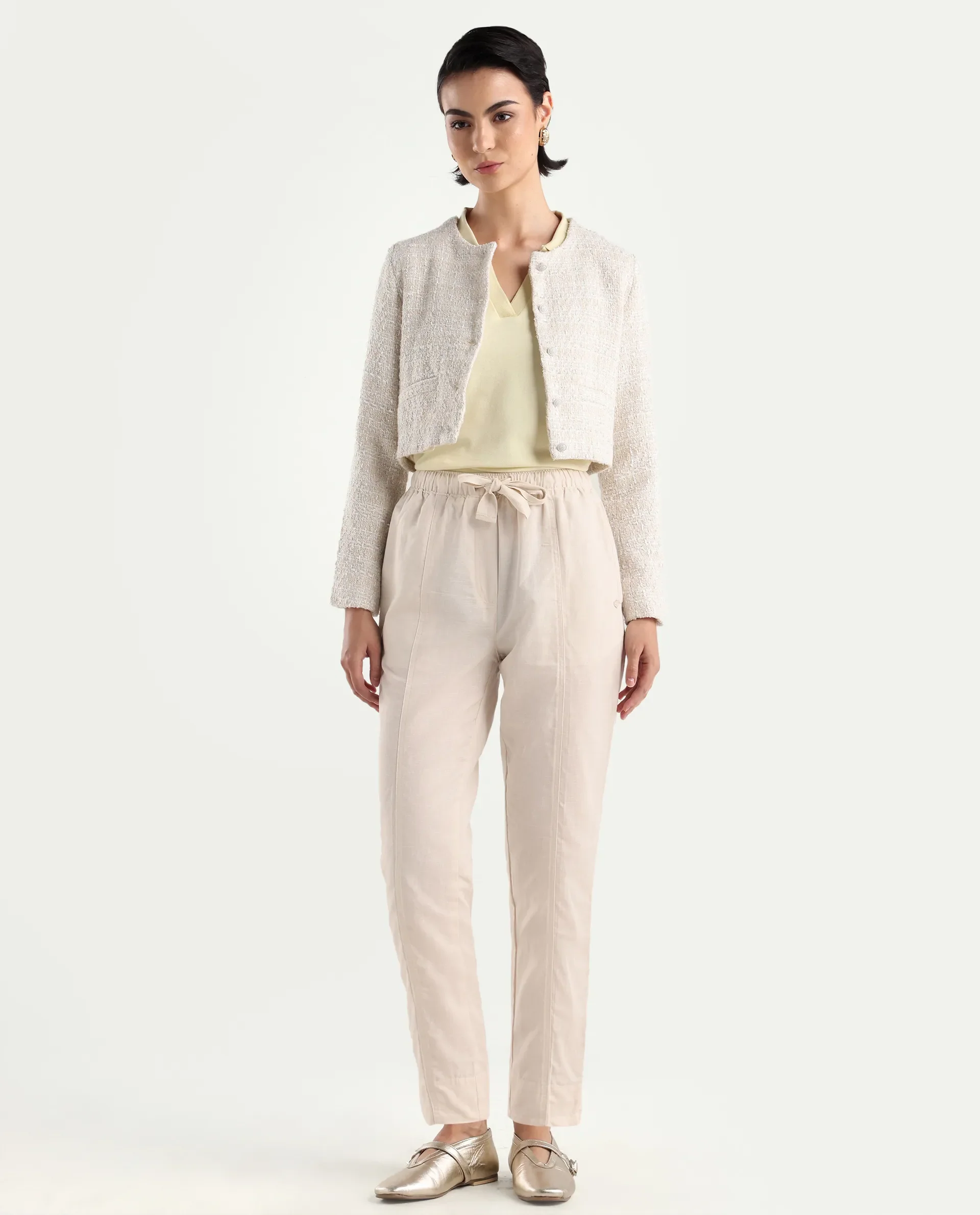 Rareism Women's Bintono Off White Cotton Blend Plain Ankle Length Tapered Trouser