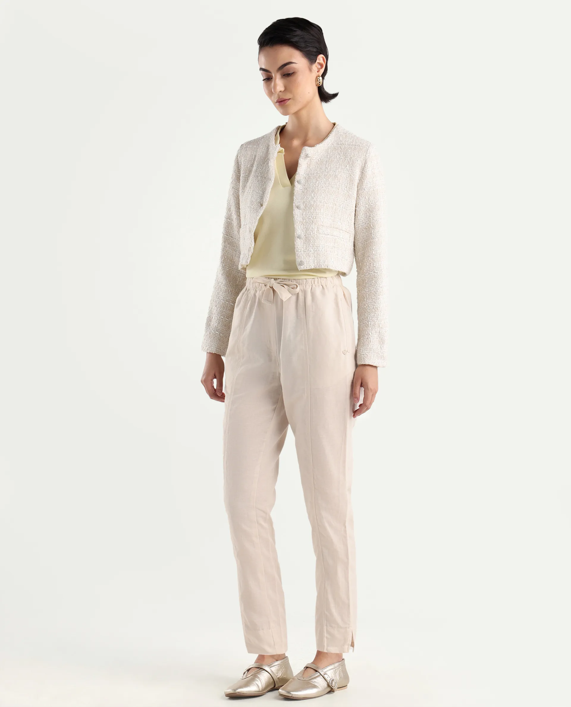 Rareism Women's Bintono Off White Cotton Blend Plain Ankle Length Tapered Trouser - Image 5
