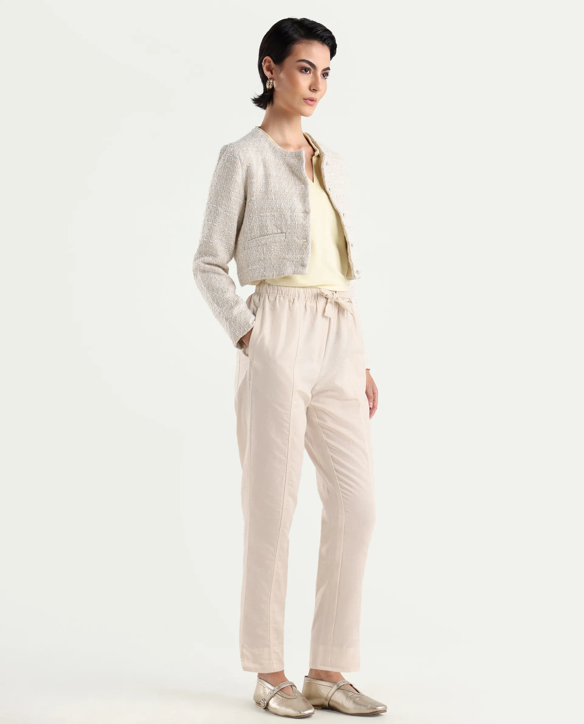 Rareism Women's Bintono Off White Cotton Blend Plain Ankle Length Tapered Trouser - Image 6