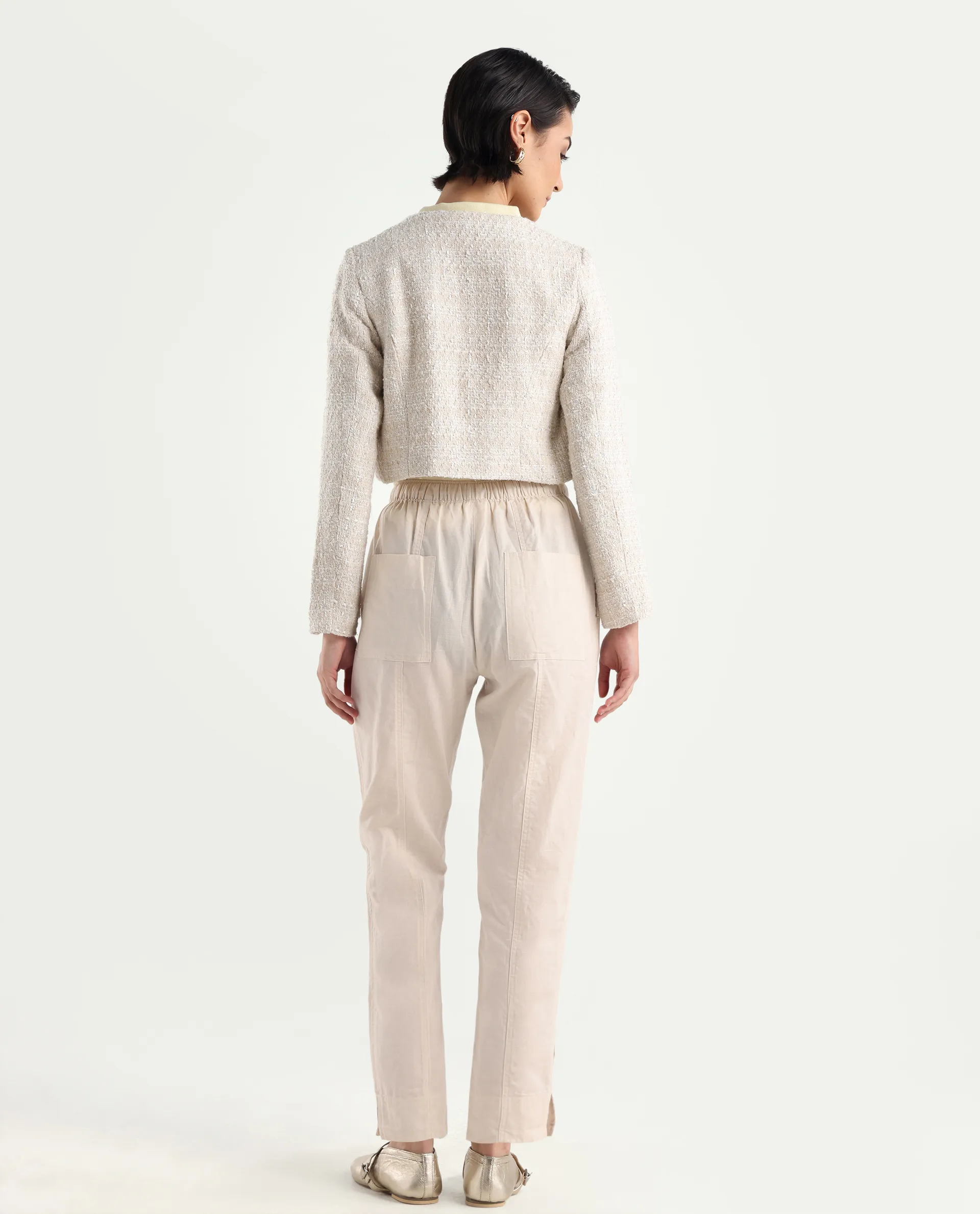 Rareism Women's Bintono Off White Cotton Blend Plain Ankle Length Tapered Trouser - Image 7