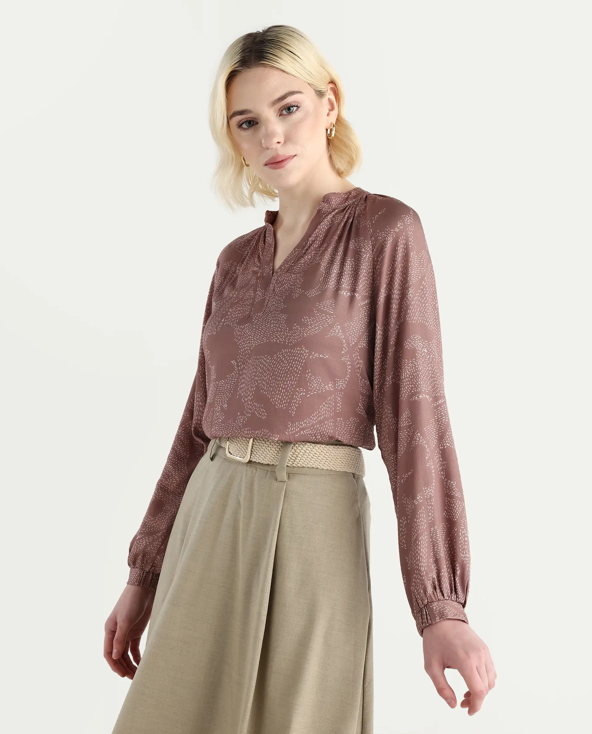 Rareism Women's Binzo Light Brown Viscose Raglan Sleeves Mandarin Collar Regular Fit Top