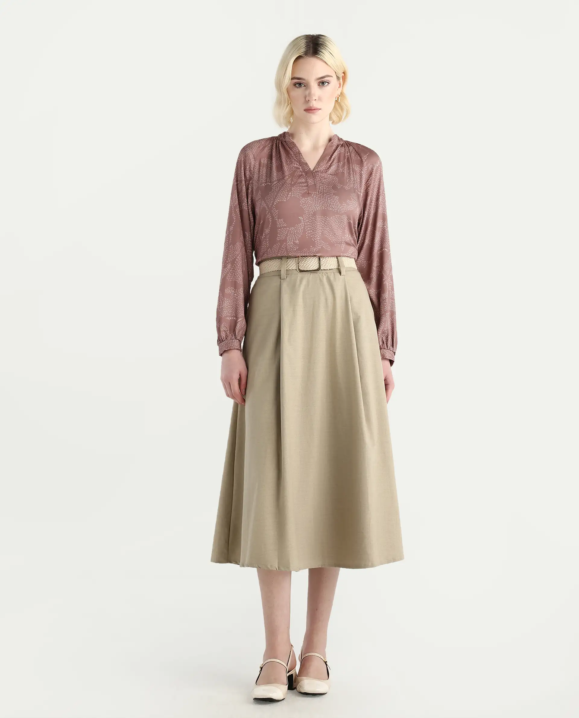 Rareism Women's Binzo Light Brown Viscose Raglan Sleeves Mandarin Collar Regular Fit Top - Image 2