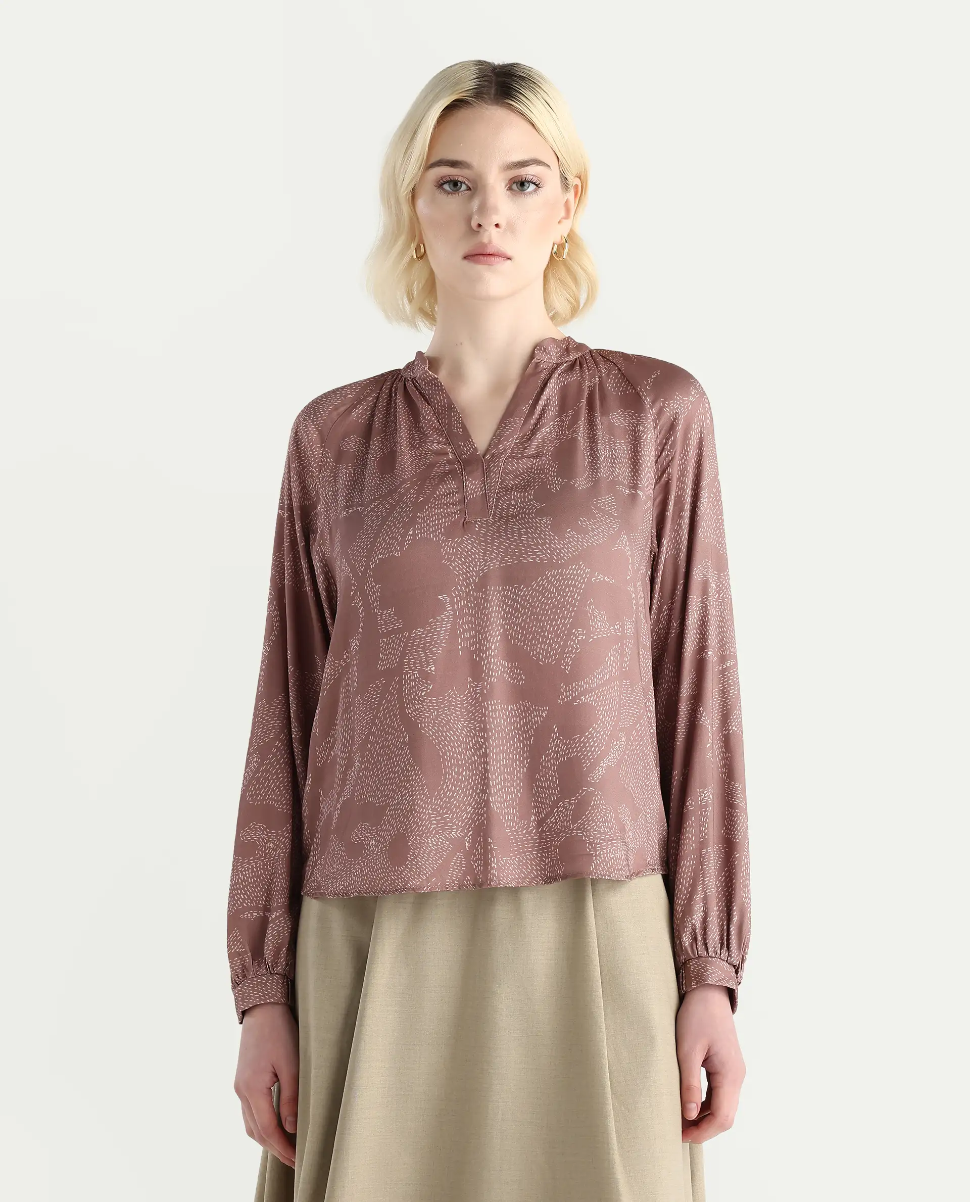 Rareism Women's Binzo Light Brown Viscose Raglan Sleeves Mandarin Collar Regular Fit Top - Image 3