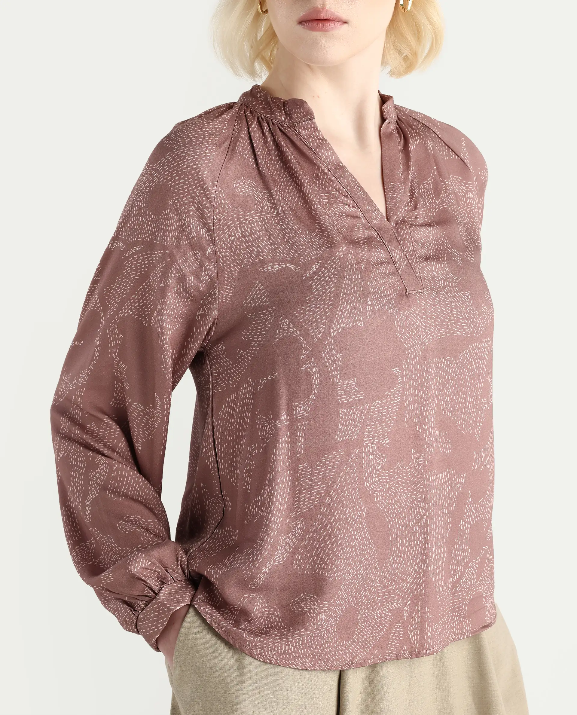 Rareism Women's Binzo Light Brown Viscose Raglan Sleeves Mandarin Collar Regular Fit Top - Image 4