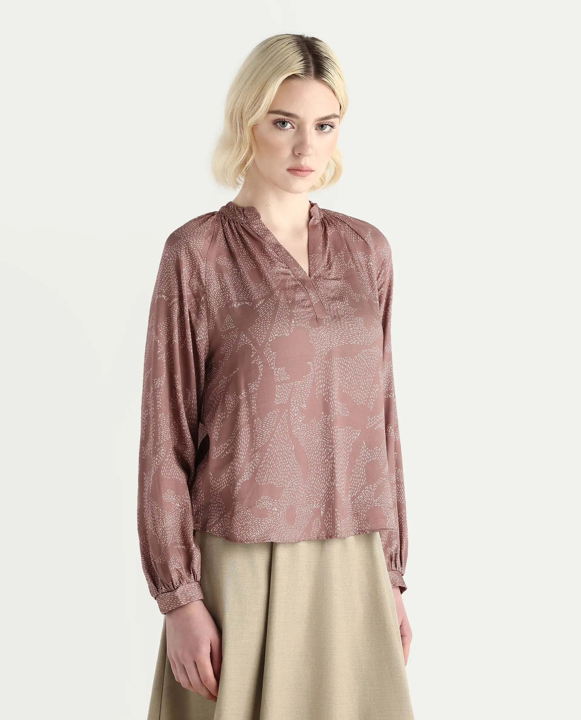 Rareism Women's Binzo Light Brown Viscose Raglan Sleeves Mandarin Collar Regular Fit Top - Image 5