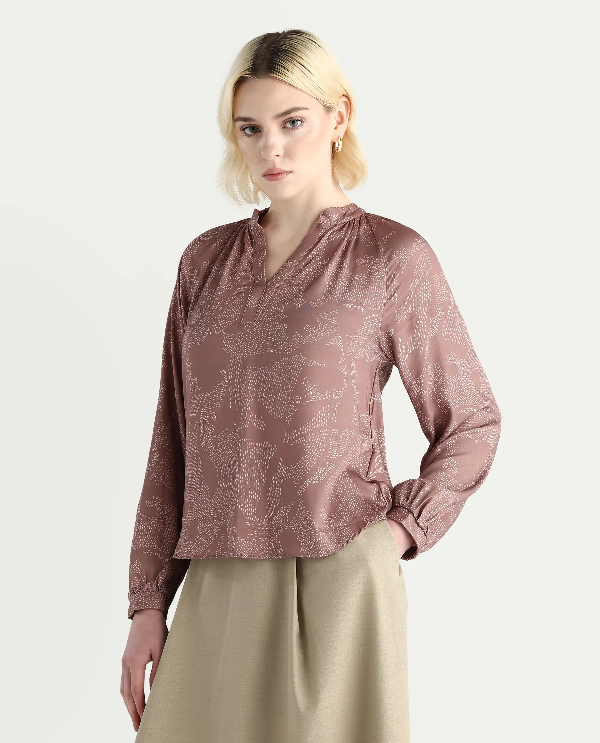 Rareism Women's Binzo Light Brown Viscose Raglan Sleeves Mandarin Collar Regular Fit Top - Image 6