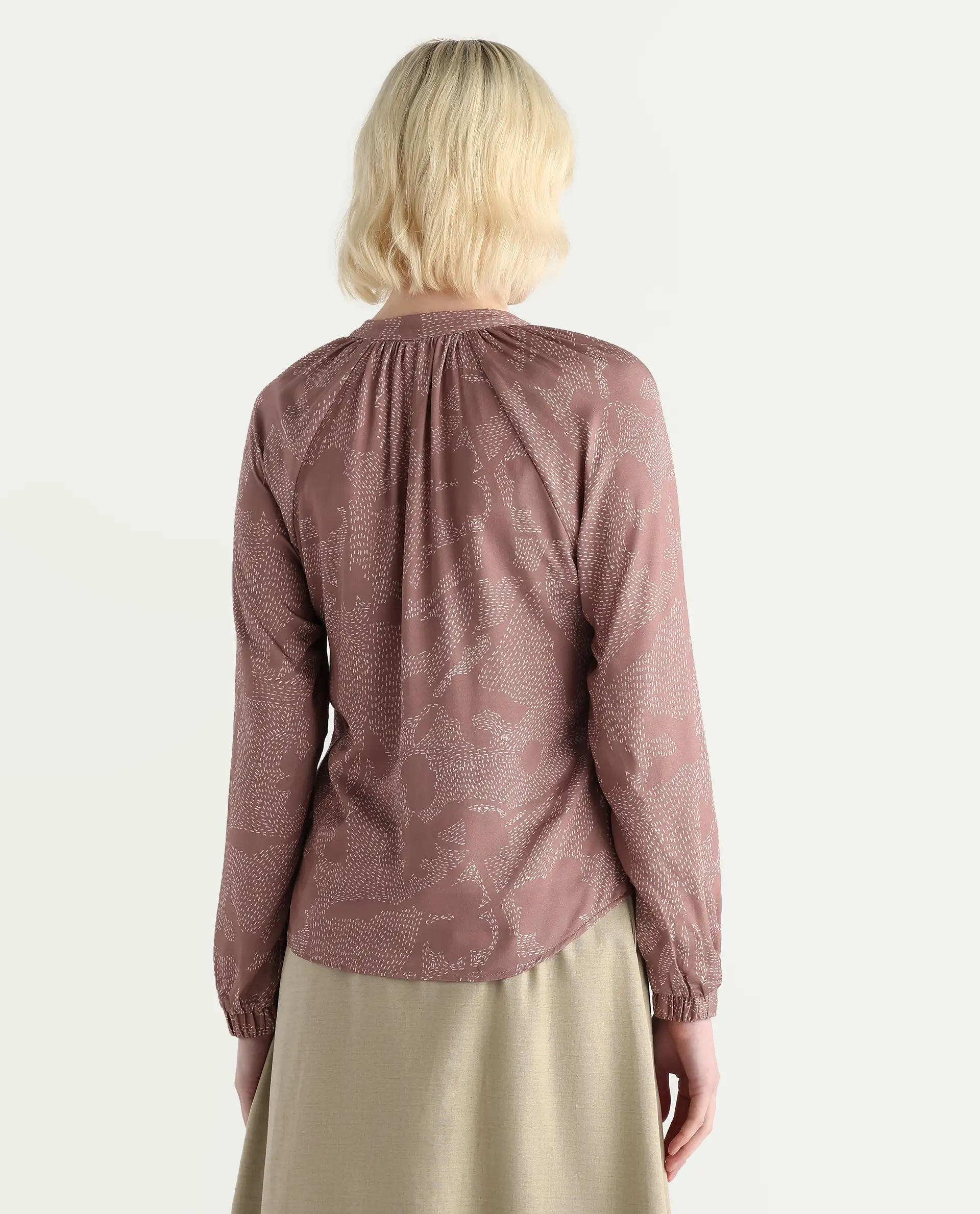 Rareism Women's Binzo Light Brown Viscose Raglan Sleeves Mandarin Collar Regular Fit Top - Image 7