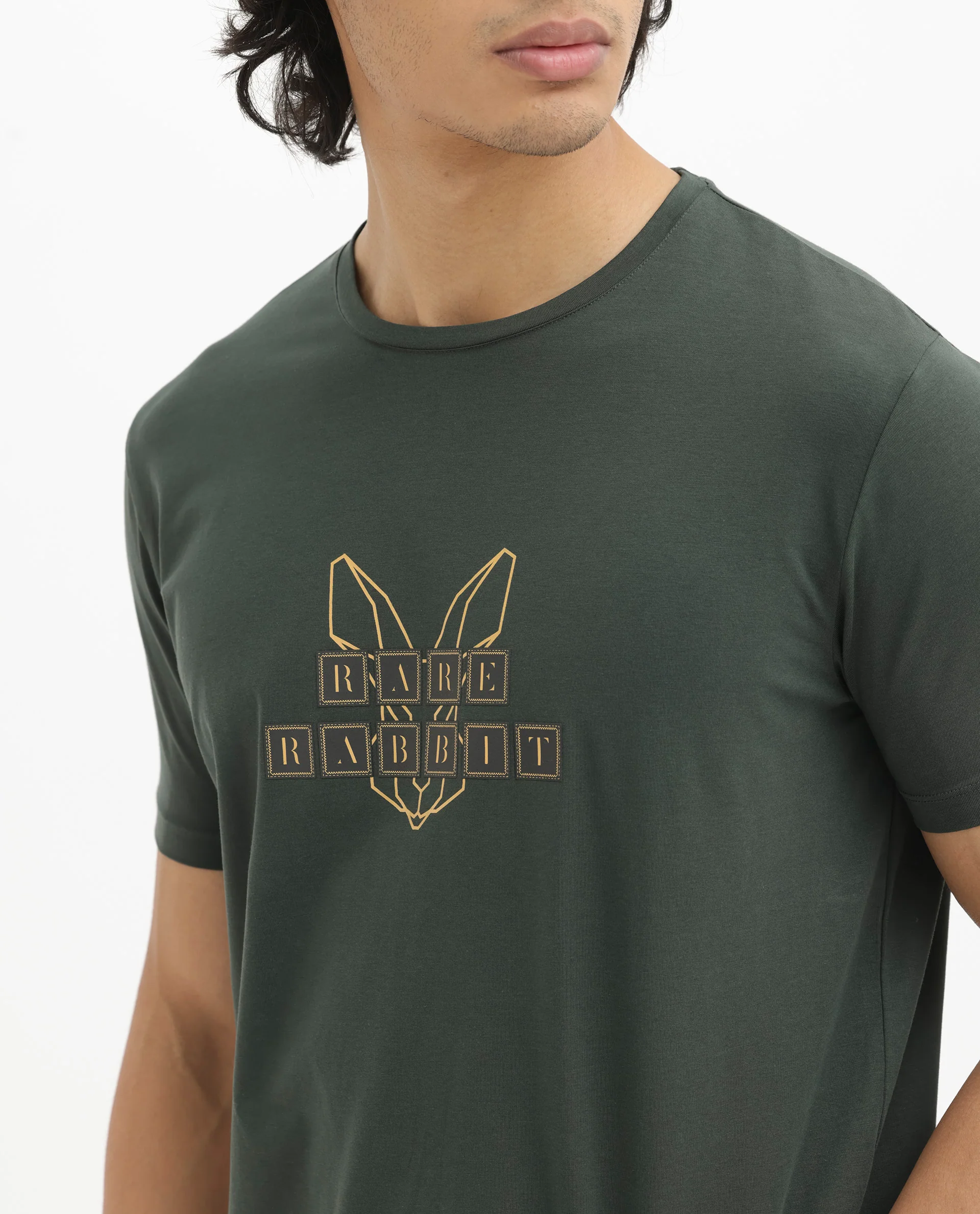 Rare Rabbit Men's Bion-1 Olive Cotton Graphic Print Regular Fit Half Sleeve Crew Neck T-Shirt - Image 3
