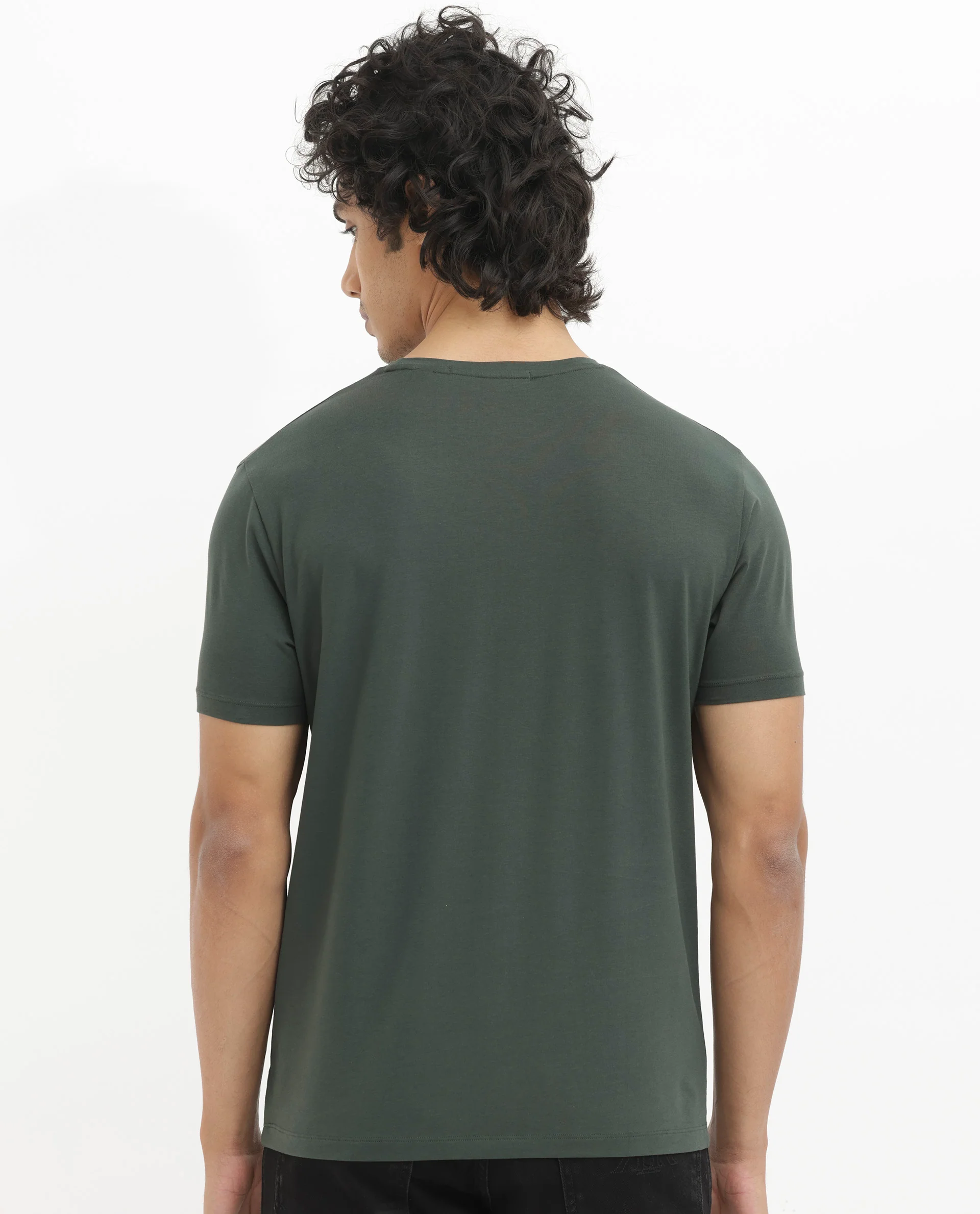 Rare Rabbit Men's Bion-1 Olive Cotton Graphic Print Regular Fit Half Sleeve Crew Neck T-Shirt - Image 4