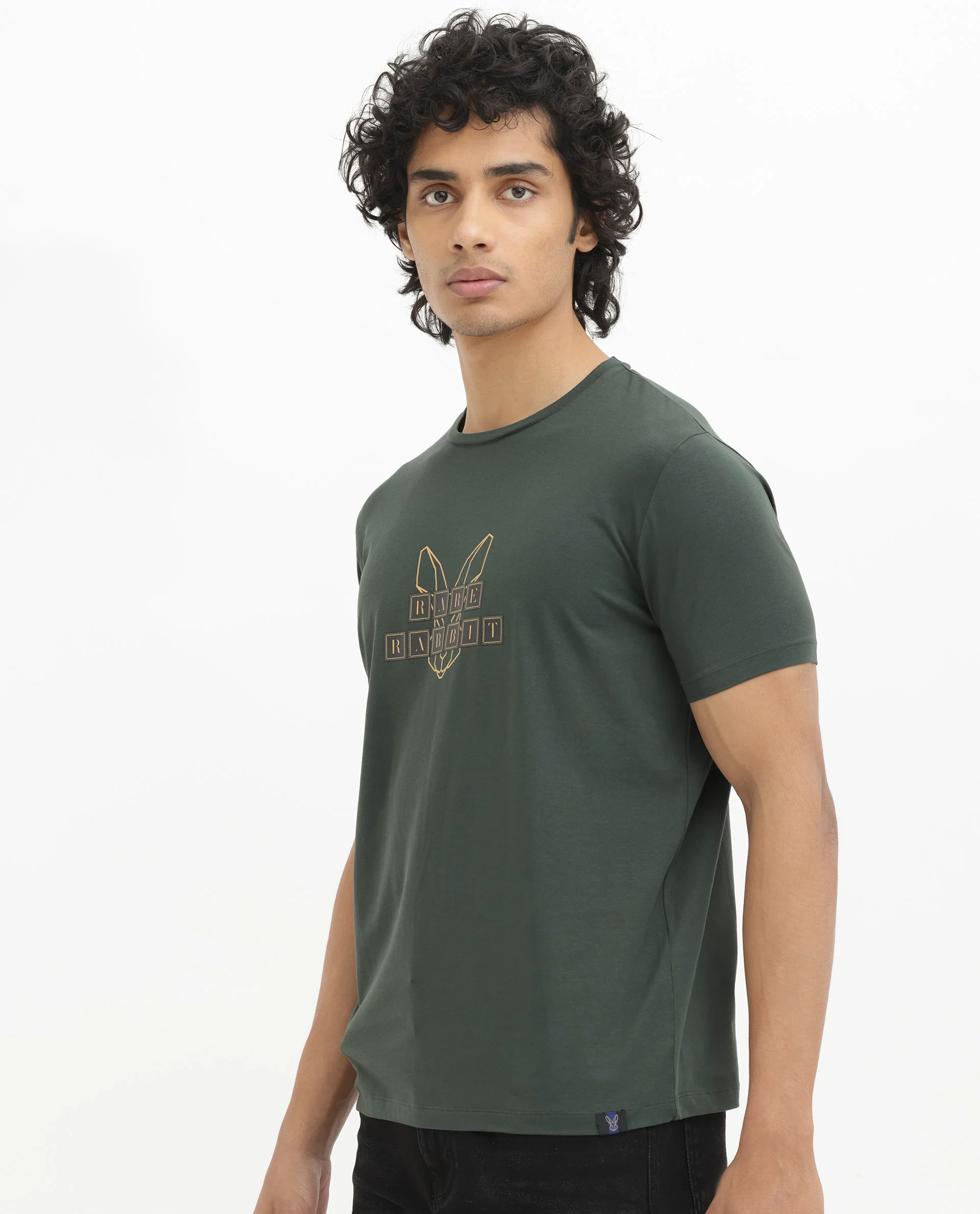 Rare Rabbit Men's Bion-1 Olive Cotton Graphic Print Regular Fit Half Sleeve Crew Neck T-Shirt - Image 6