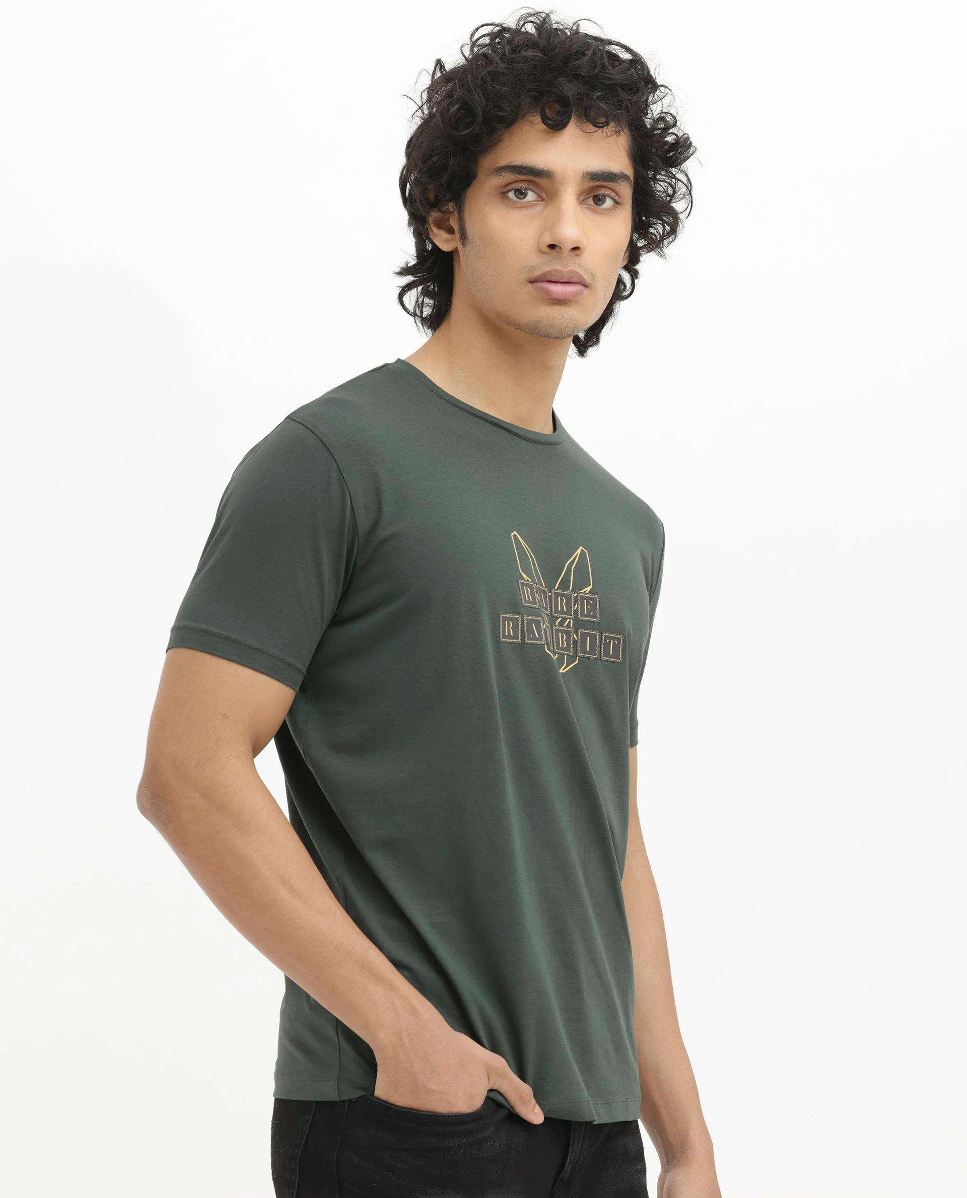 Rare Rabbit Men's Bion-1 Olive Cotton Graphic Print Regular Fit Half Sleeve Crew Neck T-Shirt - Image 7
